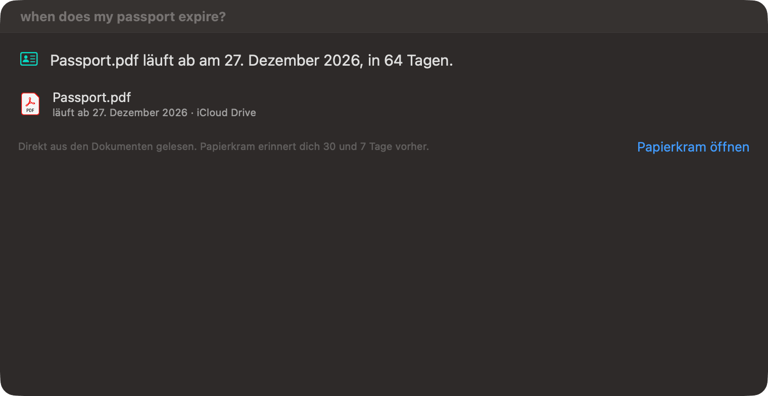 OneMacTools „Fragen“ beantwortet, wann mein Reisepass abläuft: Passport.pdf läuft am 26. Dezember 2026 ab, in 64 Tagen