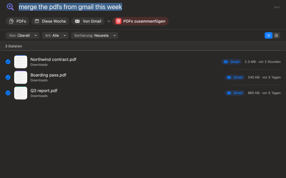 OneMacTools-Bereich „Fragen“ macht aus „merge the pdfs from gmail this week“ die Chips PDFs, Diese Woche und Von Gmail, mit „PDFs zusammenfügen“ bereit für drei Dateien