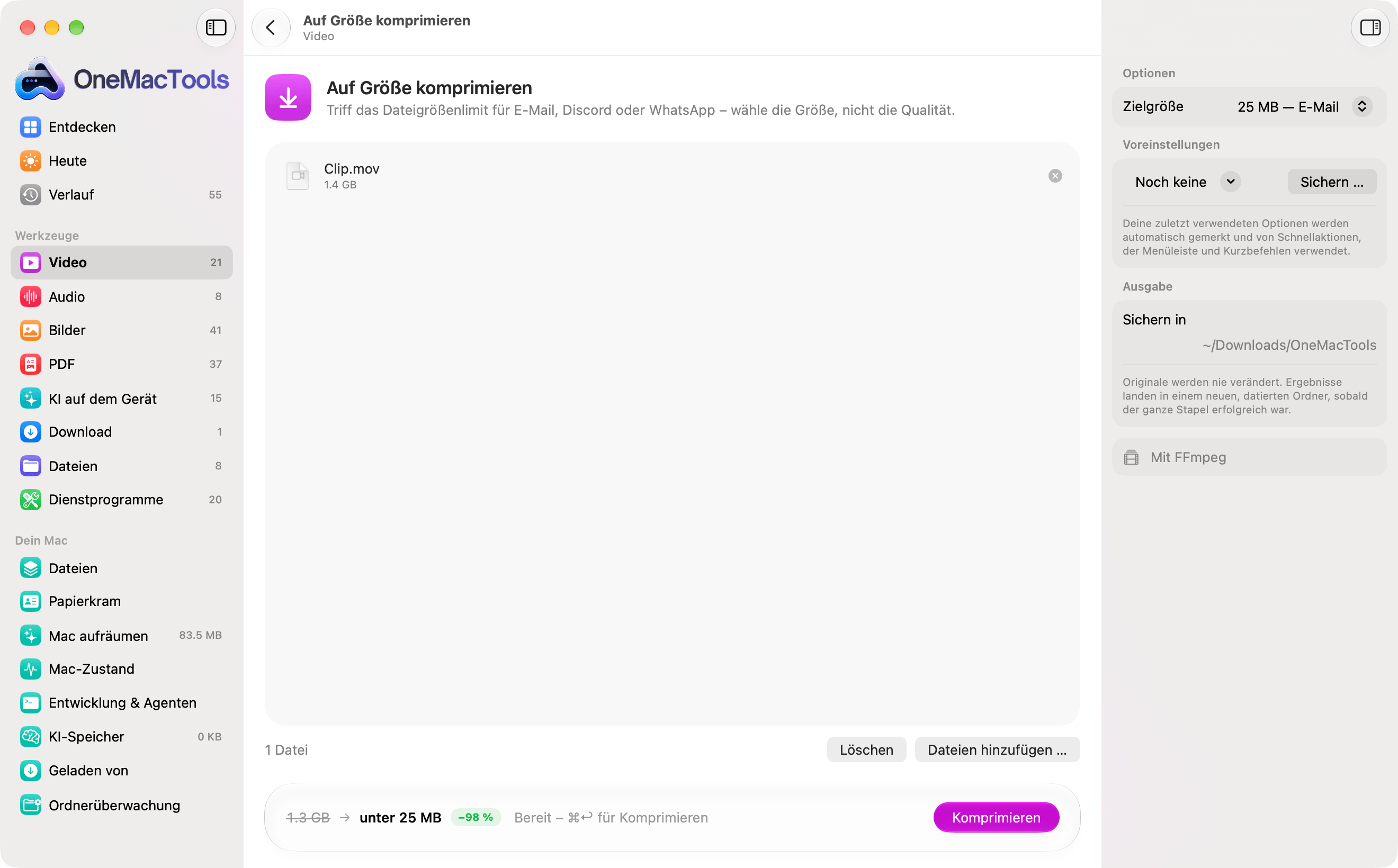 „Auf Größe komprimieren“ mit geladenem 1,4-GB-Video, das vor dem Start zeigt, dass es unter 25 MB landet, 98 % kleiner