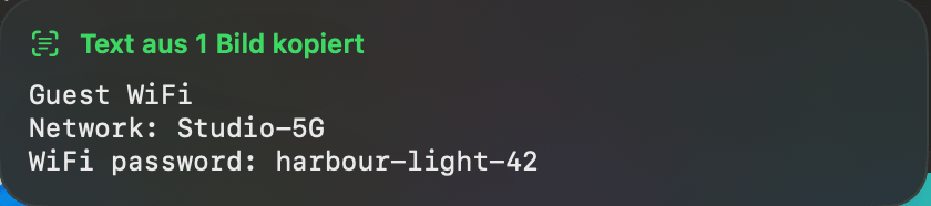 Text aus 1 Bild kopiert: Guest WiFi, Network Studio-5G, WiFi password harbour-light-42