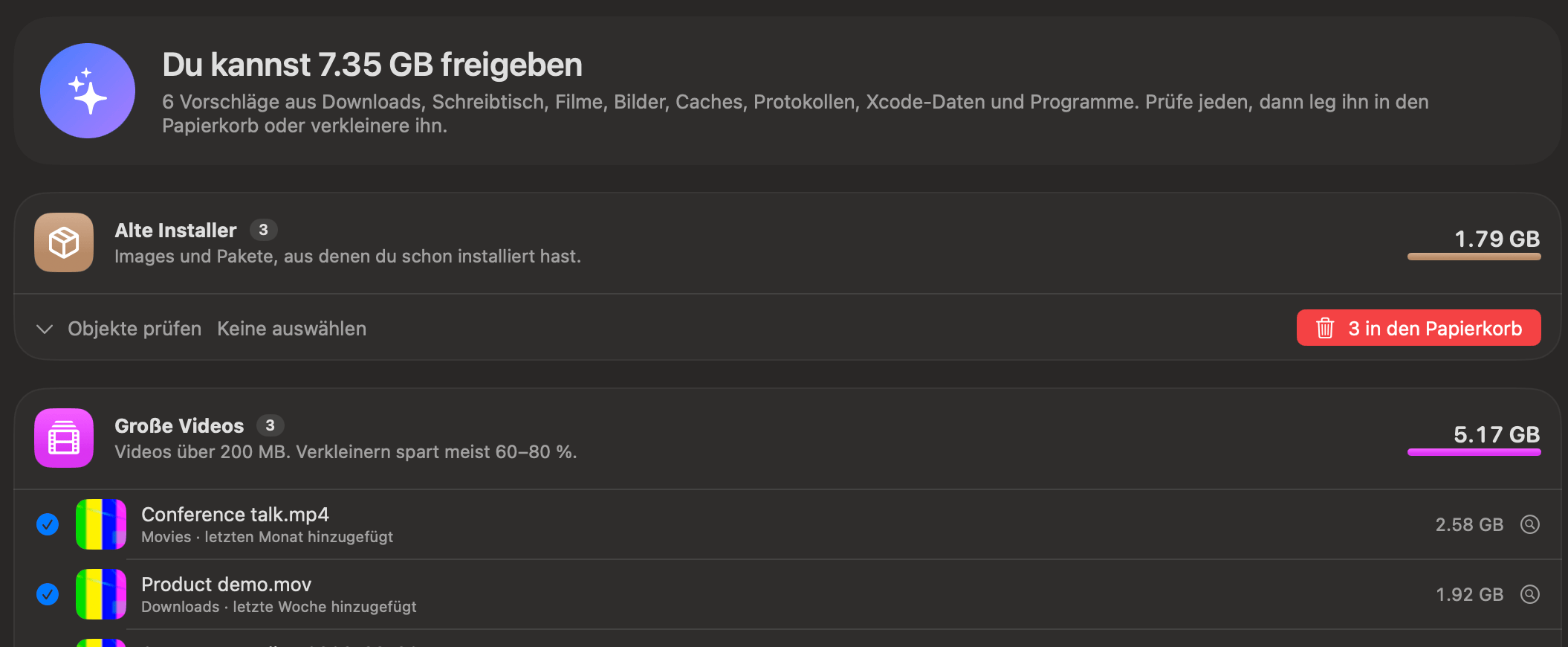 OneMacTools „Mac aufräumen“ listet alte Installer, große Videos, alte Bildschirmfotos und Duplikate, mit „Stattdessen verkleinern“ und „In den Papierkorb legen“