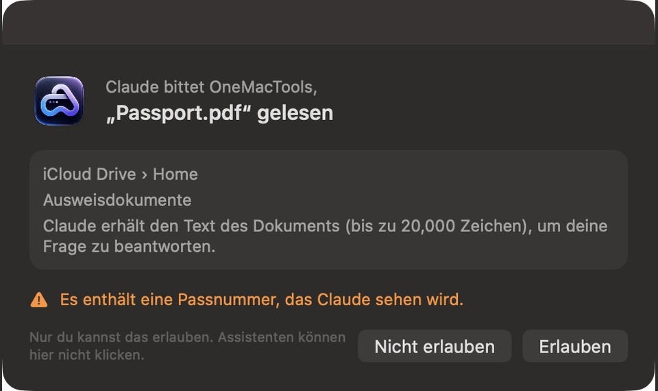 OneMacTools fragt: Claude möchte, dass OneMacTools Passport.pdf liest, mit dem Hinweis, dass darin eine Passnummer steht