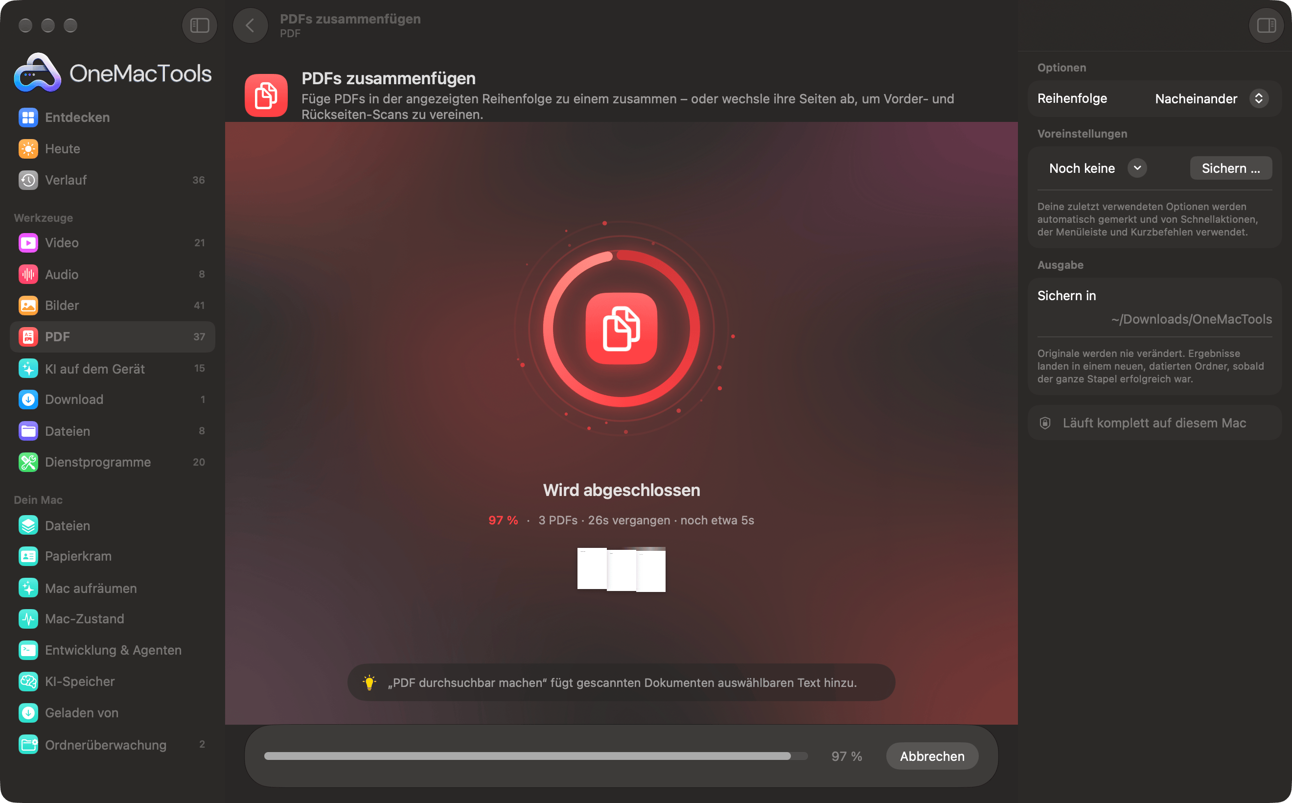 OneMacTools fügt drei PDFs zusammen, fast fertig