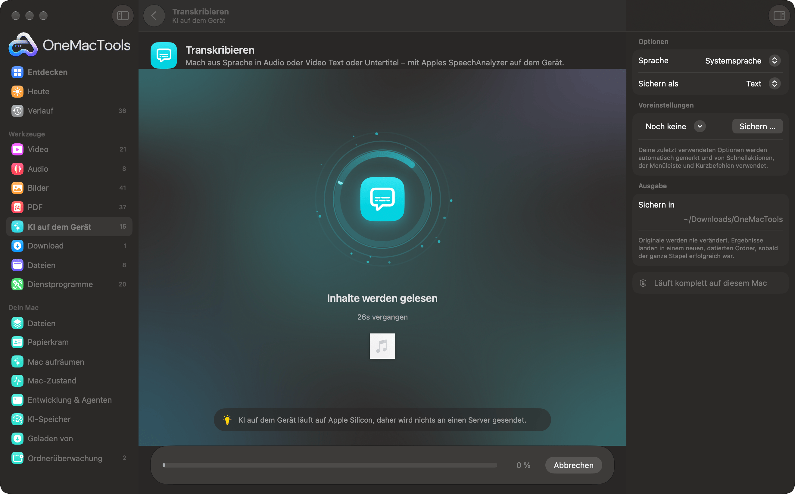 OneMacTools transkribiert eine Aufnahme mit KI auf dem Gerät