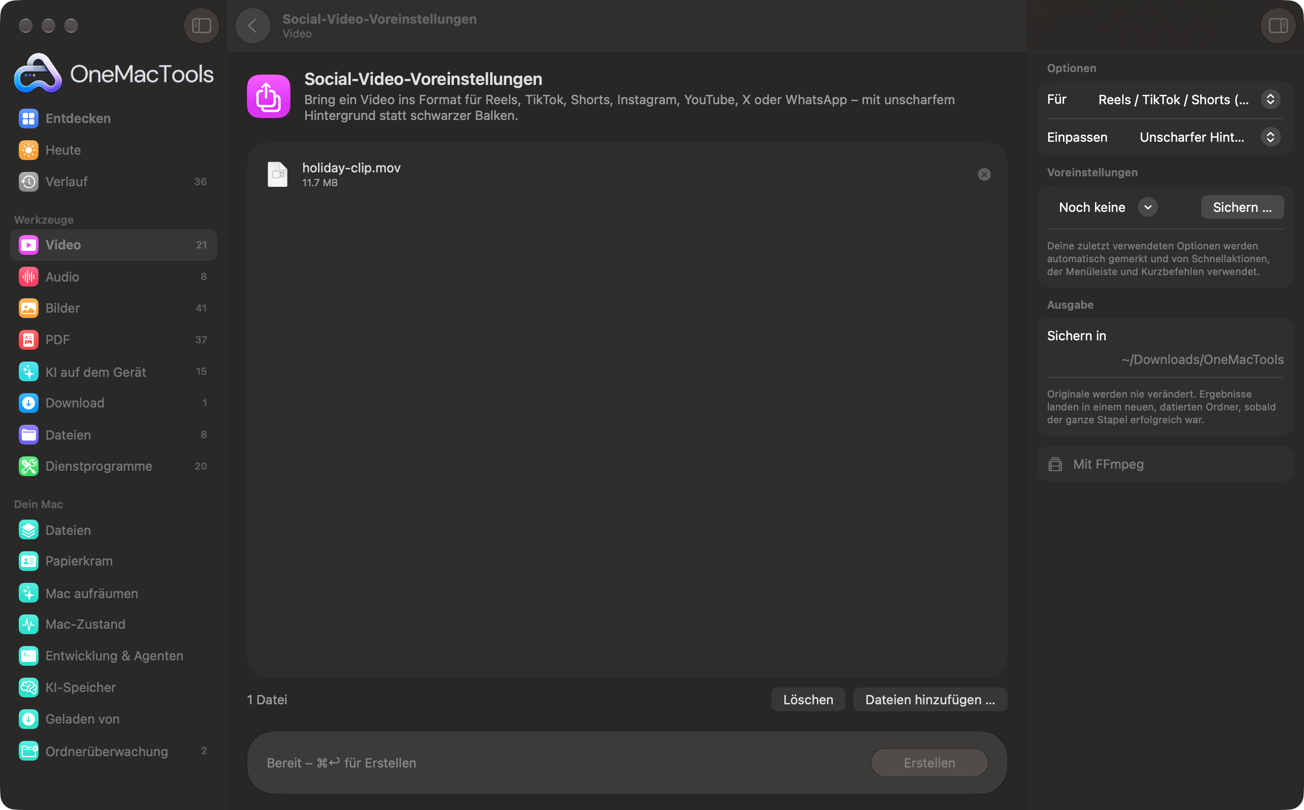 OneMacTools „Social-Video-Voreinstellungen“ mit einem Video, bereit für Reels