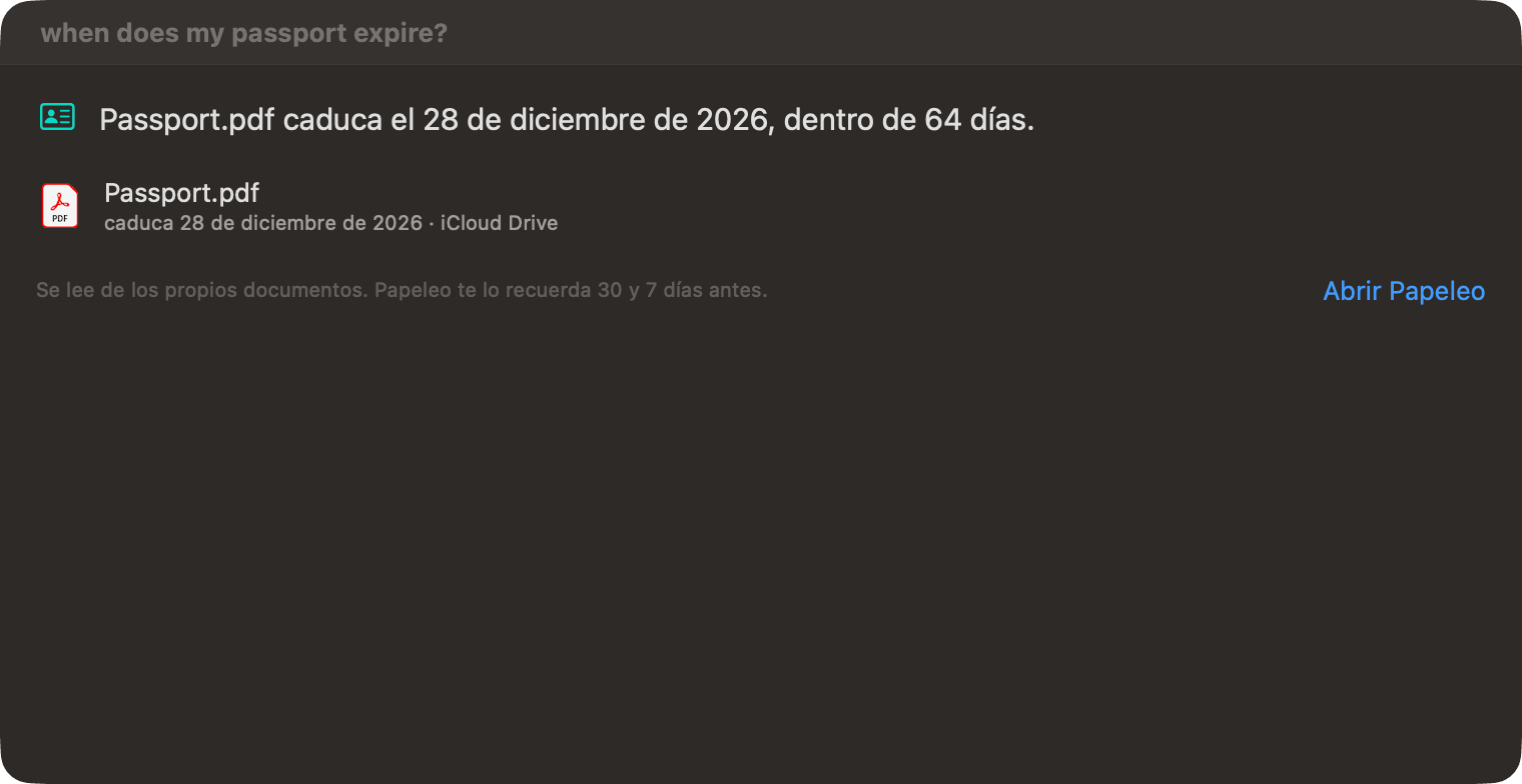 Preguntar de OneMacTools respondiendo cuándo caduca mi pasaporte: Passport.pdf caduca el 26 de diciembre de 2026, dentro de 64 días