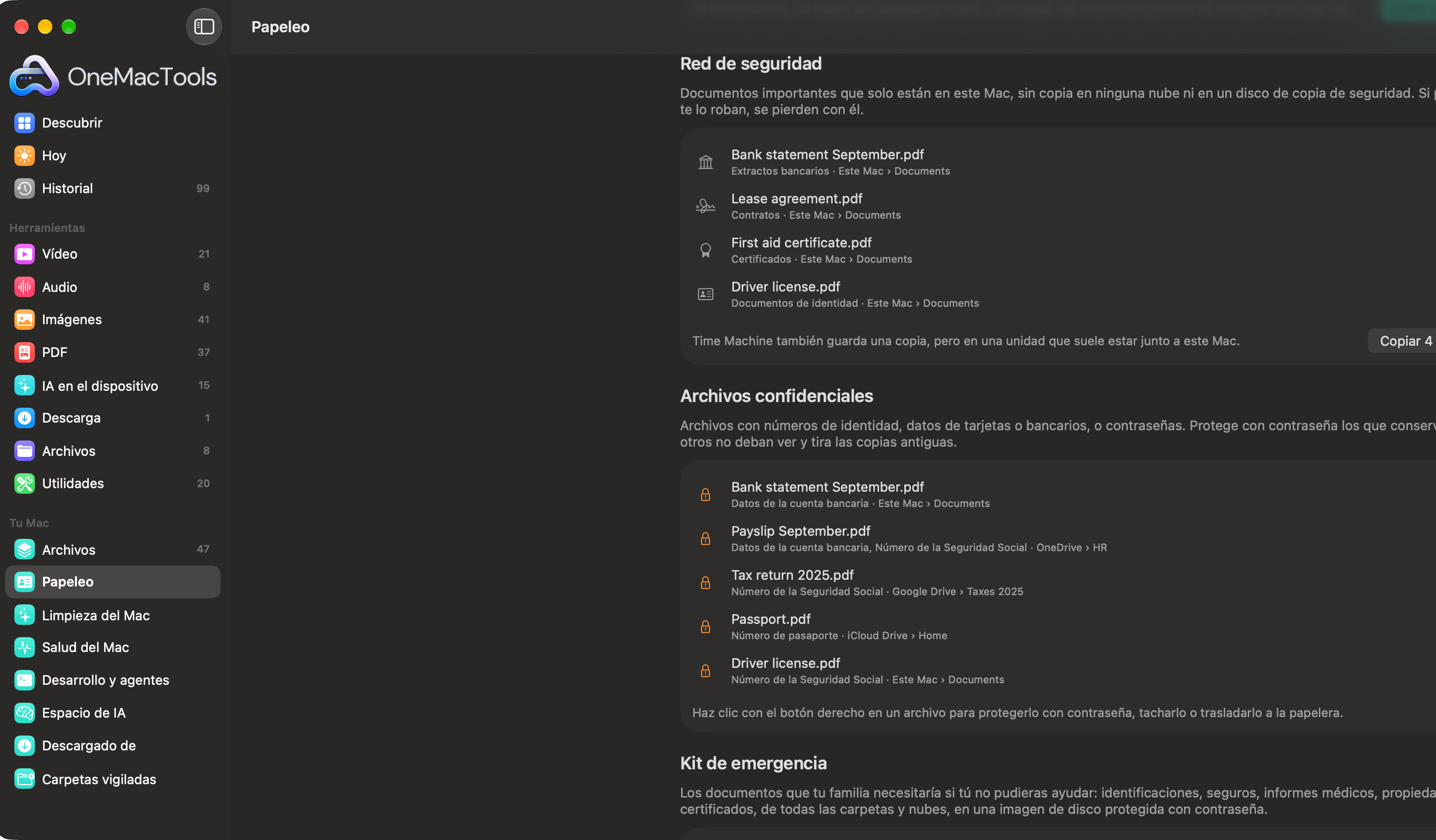 Red de seguridad de Papeleo de OneMacTools con documentos guardados solo en este Mac y archivos confidenciales con números de identificación o de cuenta