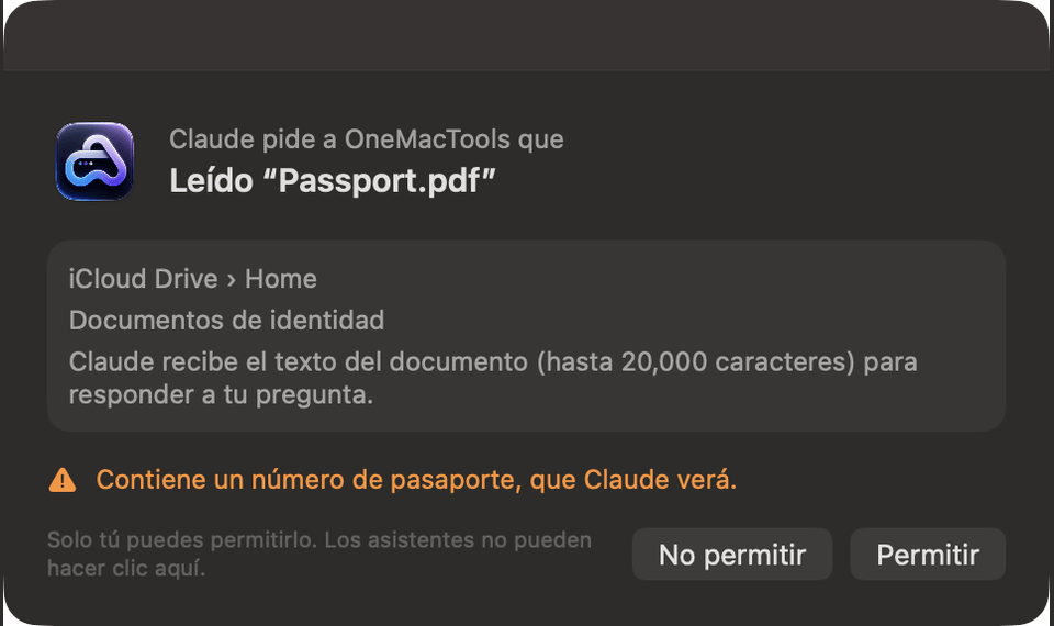 OneMacTools preguntando: Claude pide a OneMacTools que lea Passport.pdf, con un aviso de que contiene un número de pasaporte