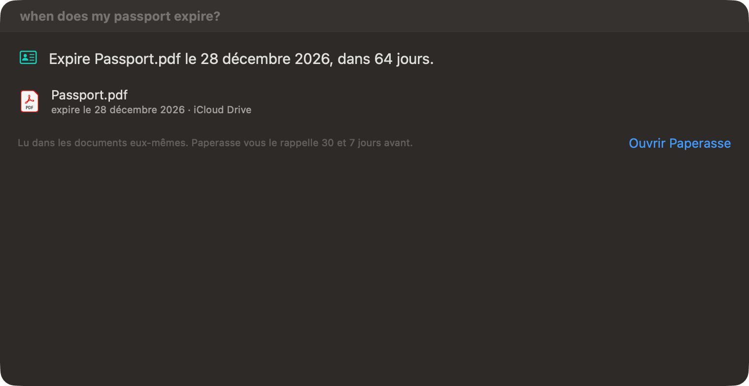 Demander de OneMacTools répondant à « quand expire mon passeport » : Passport.pdf expire le 26 décembre 2026, dans 64 jours