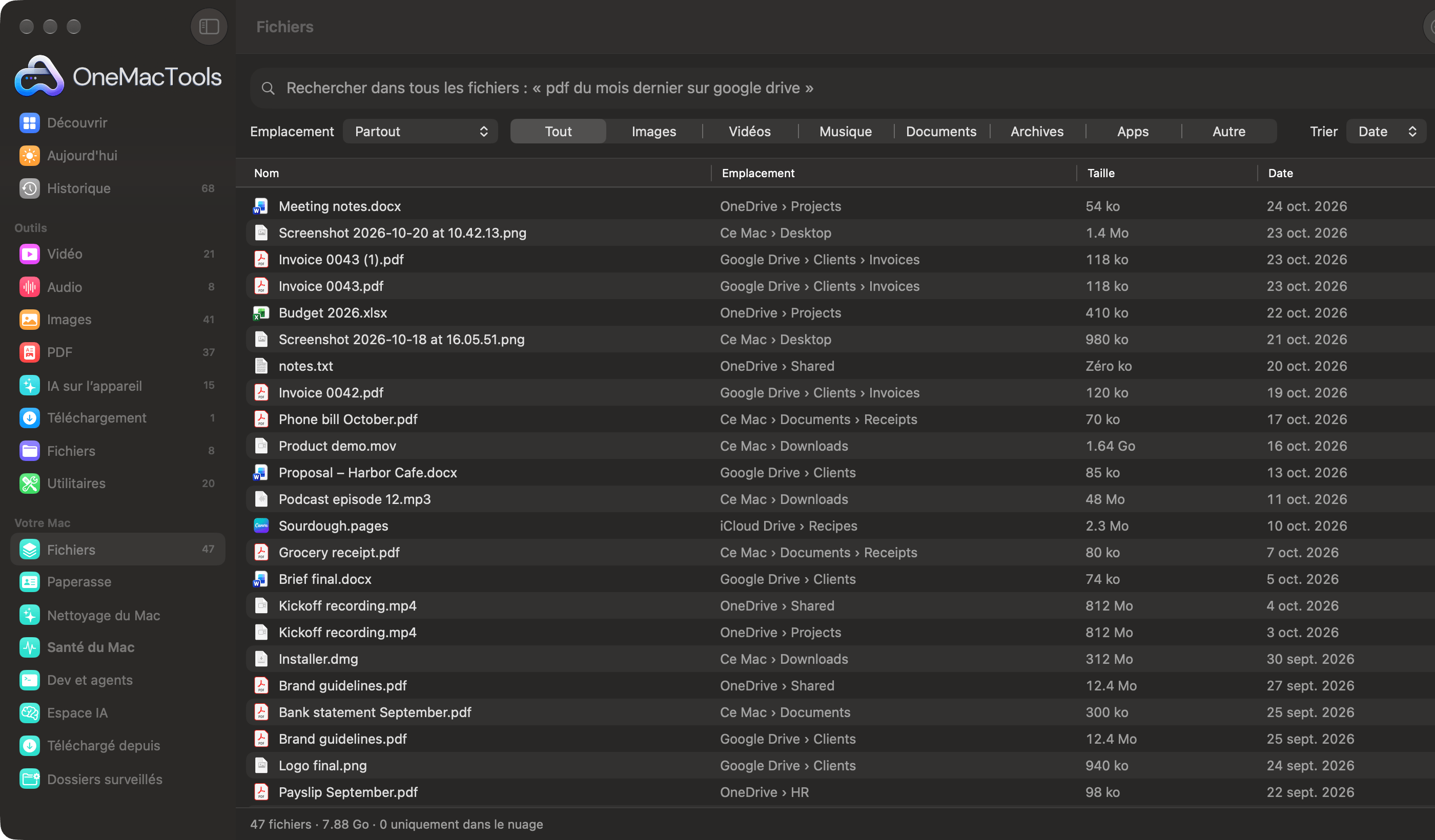 Fichiers de OneMacTools listant tous les fichiers de Google Drive, OneDrive, iCloud Drive et du Mac dans une seule liste, avec l’emplacement de chacun