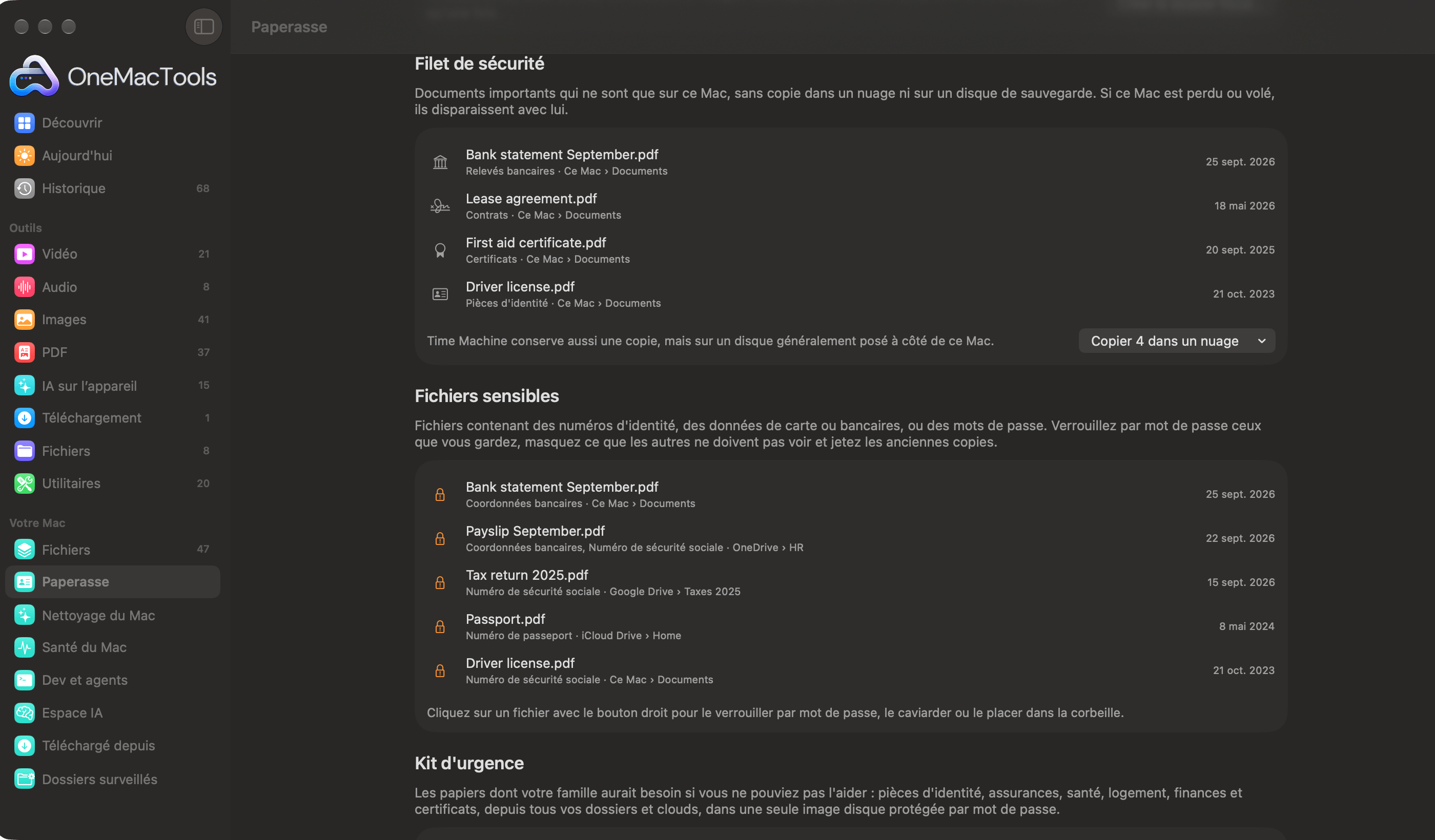 Filet de sécurité de Paperasse dans OneMacTools listant les papiers conservés uniquement sur ce Mac et les fichiers sensibles contenant des numéros d’identité ou de compte