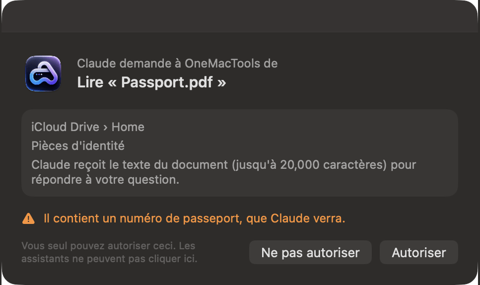 Demande de OneMacTools : Claude demande à OneMacTools de lire Passport.pdf, avec un avertissement indiquant qu’il contient un numéro de passeport