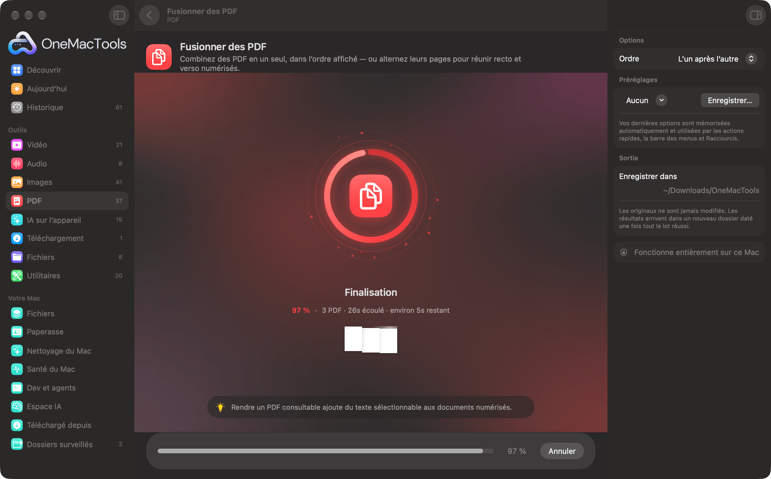 OneMacTools fusionnant trois PDF, presque terminé