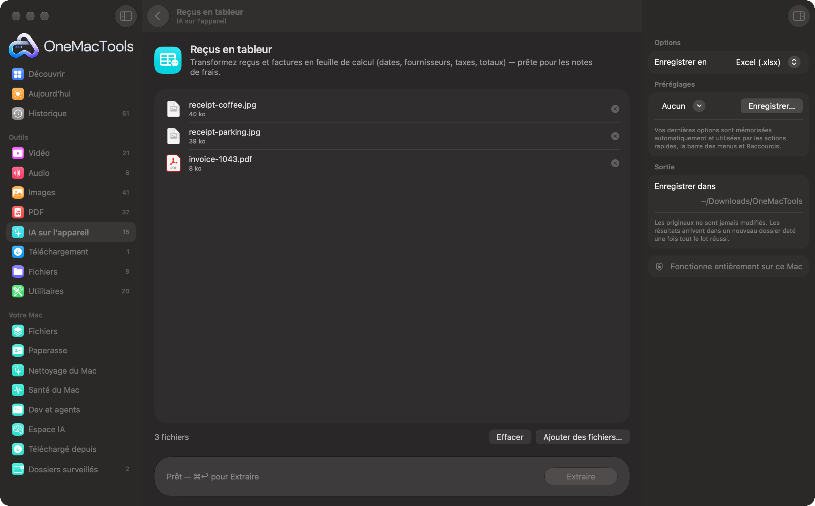 Reçus en tableur de OneMacTools avec des photos de reçus et une facture