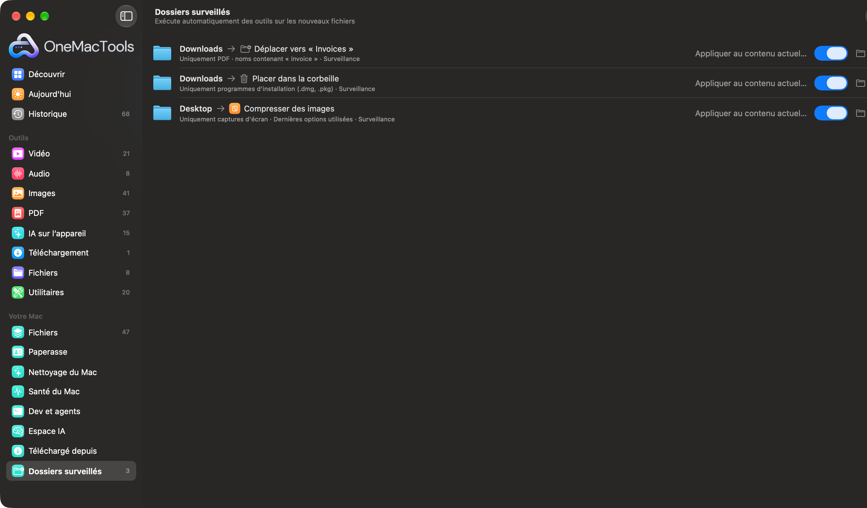 Dossiers surveillés de OneMacTools avec trois règles : déplacer les factures dans un dossier, mettre à la corbeille les anciens programmes d’installation, compresser les captures d’écran