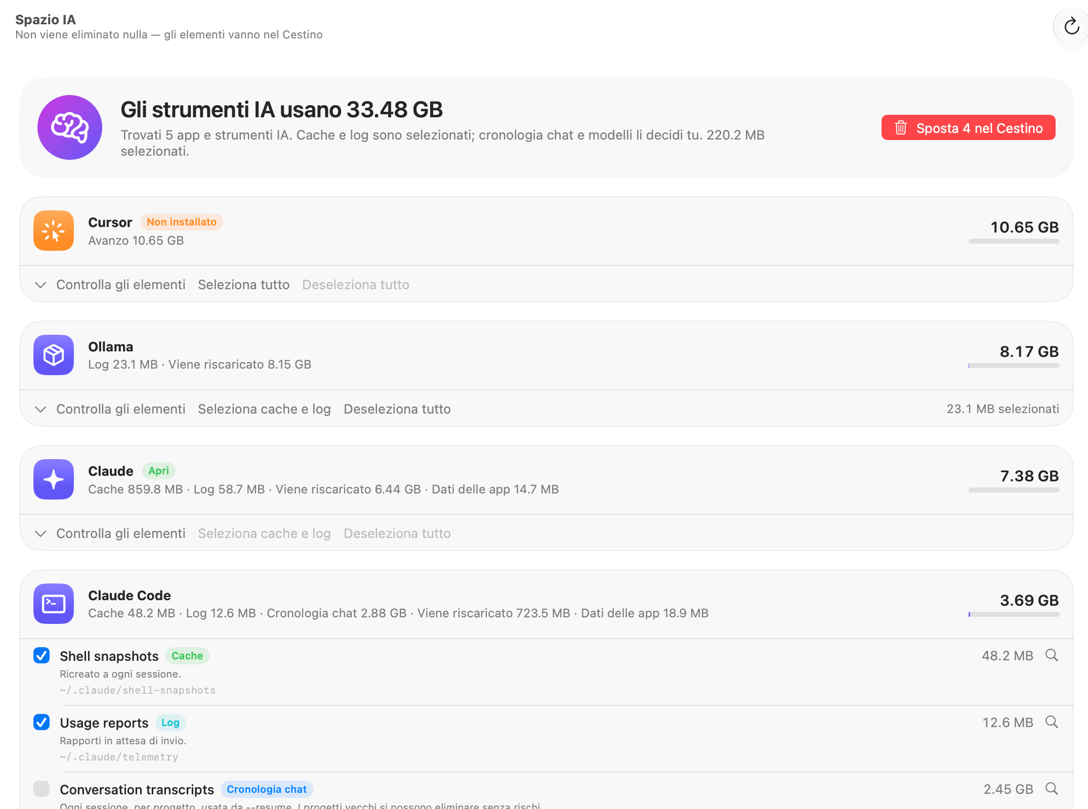 Spazio IA di OneMacTools con l'elenco di Cursor (non installato), Ollama, Claude e Claude Code con cache, log, cronologia delle chat e modelli, con cache e log selezionati