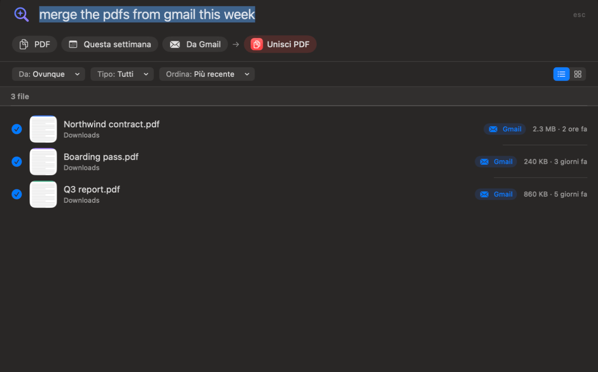 Pannello Chiedi di OneMacTools che trasforma “unisci i pdf da gmail di questa settimana” nei filtri PDF, Questa settimana e Da Gmail, con Unisci PDF pronto da avviare su tre file