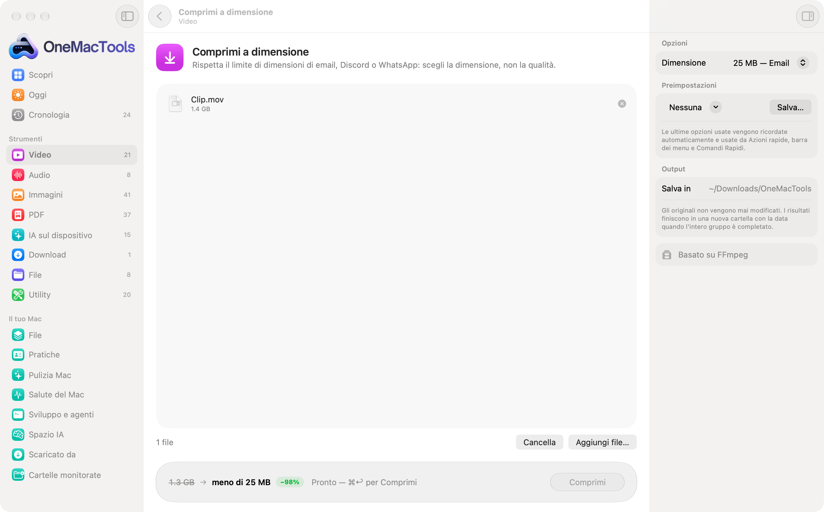 Comprimi a dimensione con un video da 1,4 GB caricato, che mostra prima di iniziare che finirà sotto i 25 MB, il 98% più piccolo