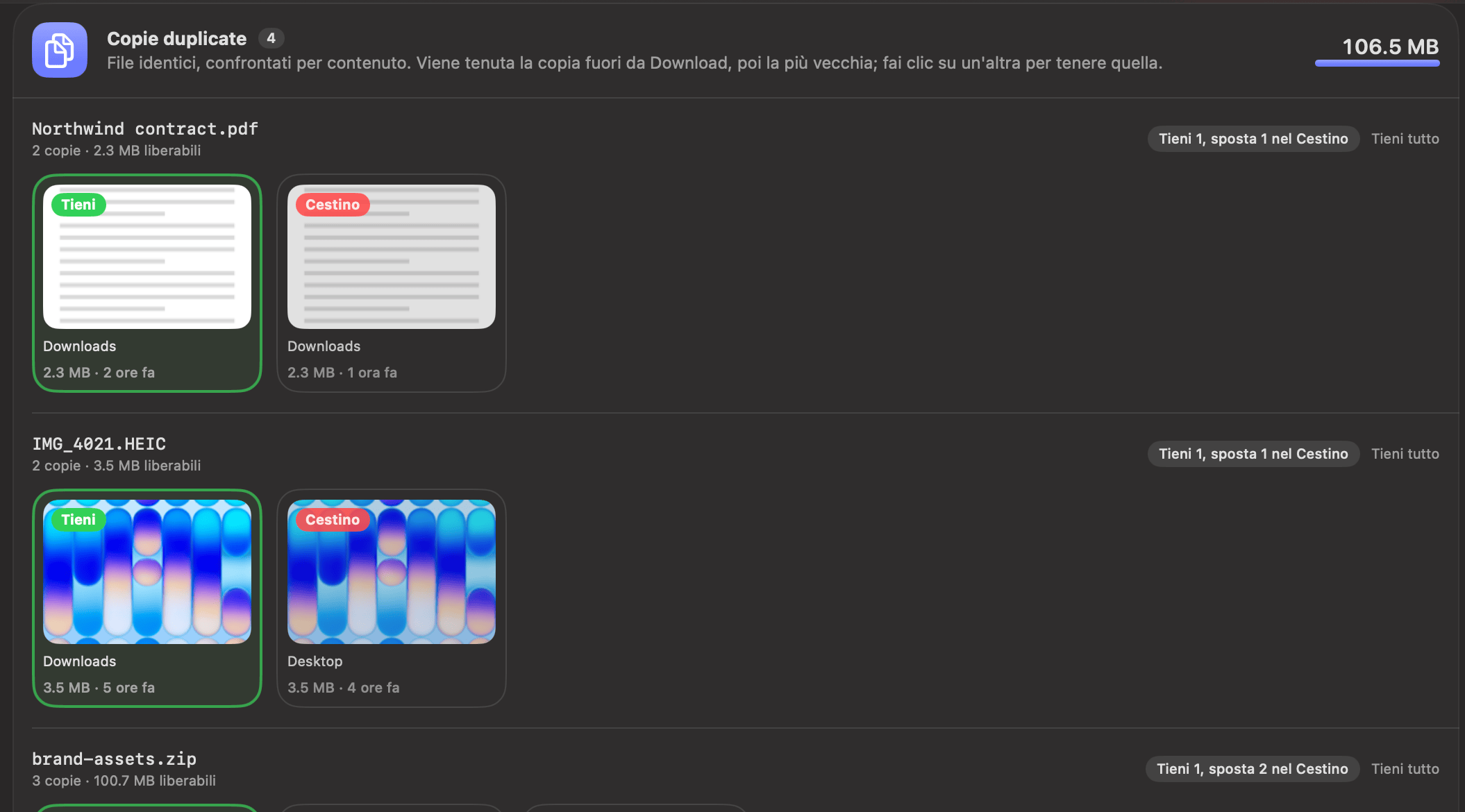 Revisione dei duplicati di OneMacTools: ogni gruppo di file identici come miniature contrassegnate Mantieni o Cestino