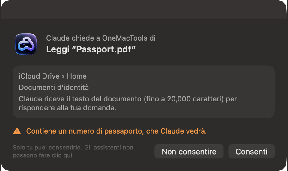 Richiesta di OneMacTools: Claude chiede a OneMacTools di leggere Passport.pdf, con l'avviso che contiene un numero di passaporto