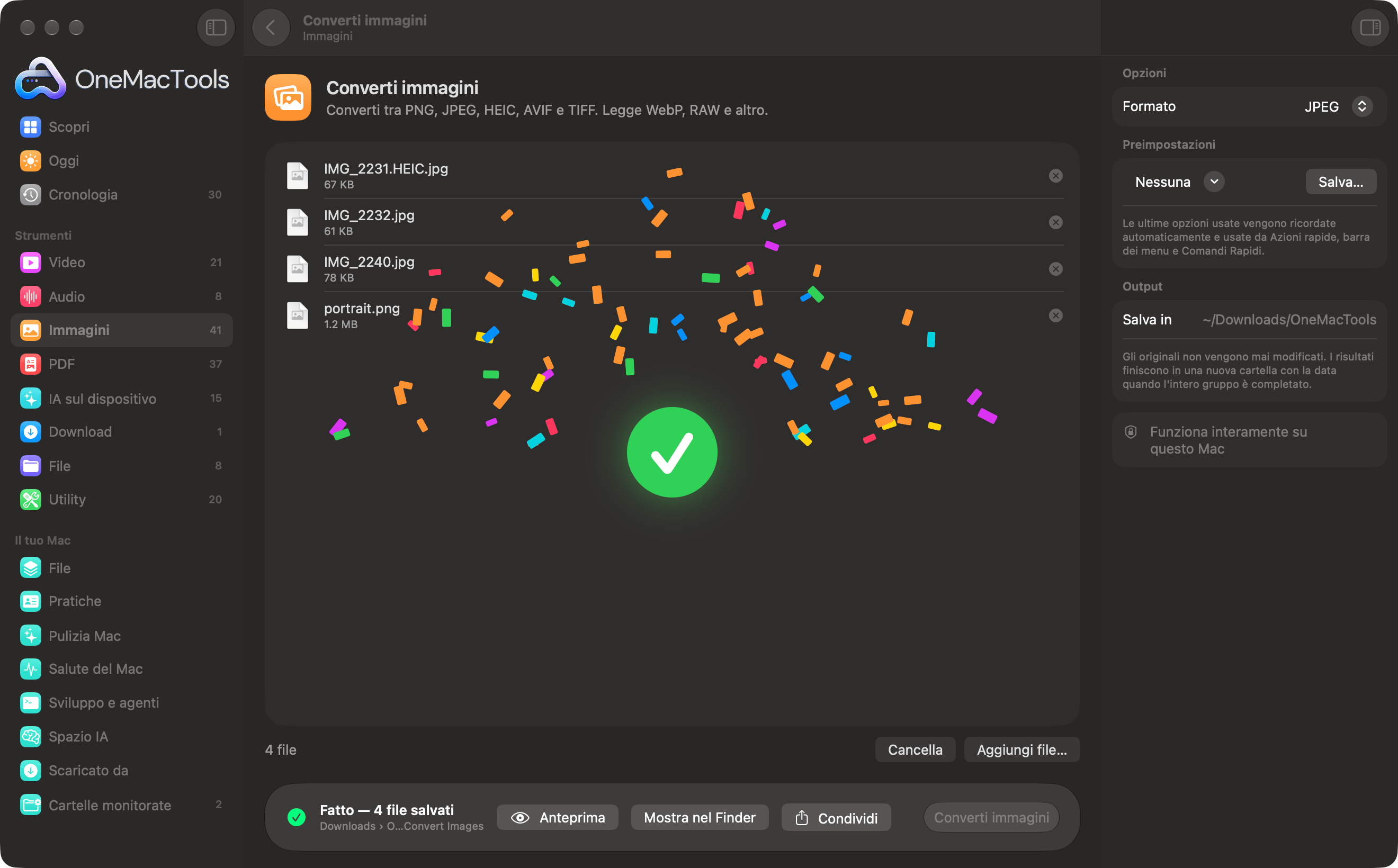 OneMacTools che festeggia con coriandoli e un segno di spunta un gruppo di conversioni di immagini completato