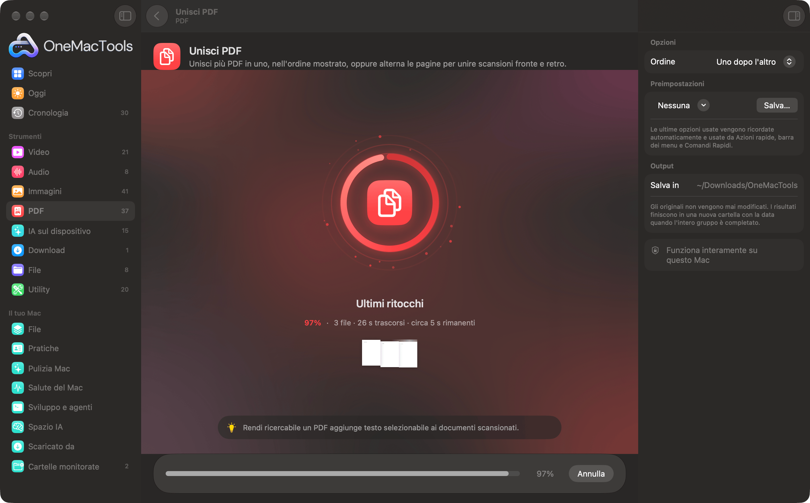 OneMacTools che unisce tre PDF, quasi finito