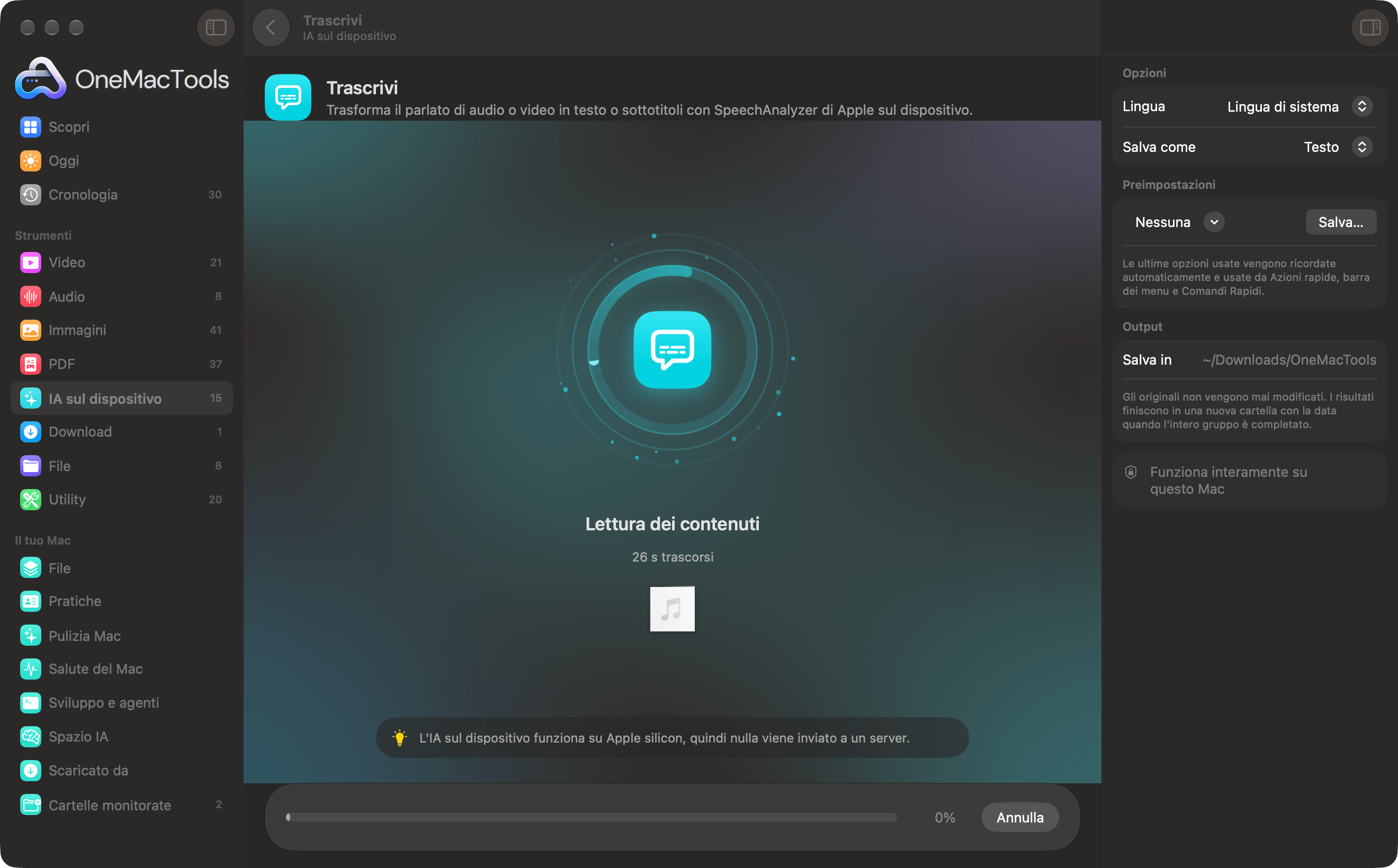 OneMacTools che trascrive una registrazione con l'IA sul dispositivo