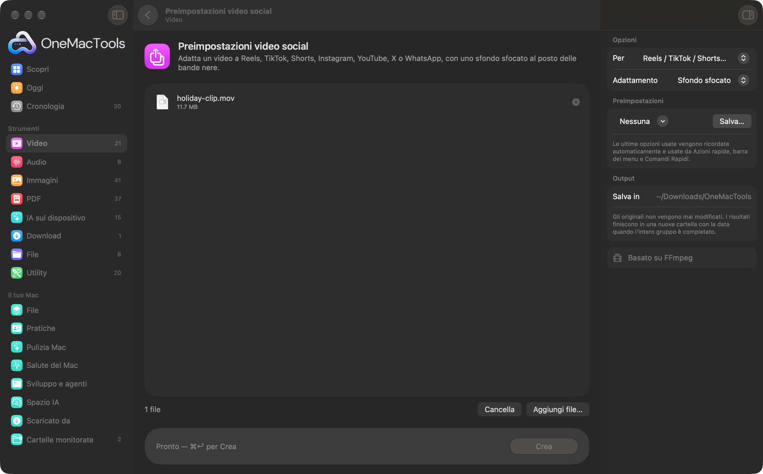 Preimpostazioni video social di OneMacTools con un video pronto per i Reels