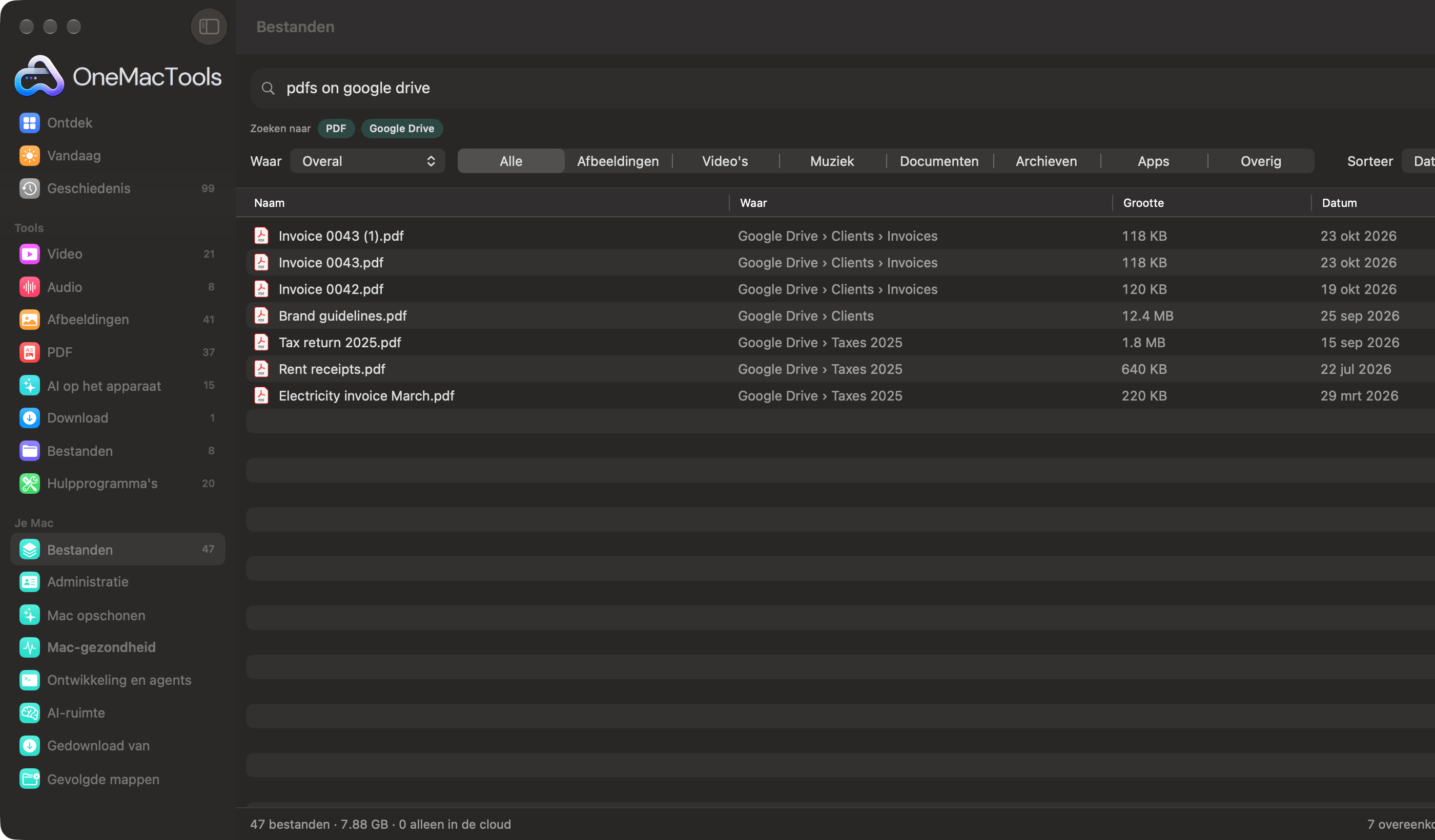 OneMacTools Bestanden zoekt op “pdf's op google drive”, gelezen als de filters PDF en Google Drive