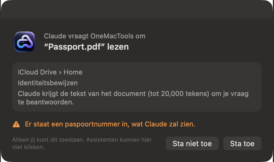 OneMacTools vraagt: Claude vraagt OneMacTools om Passport.pdf te lezen, met een waarschuwing dat er een paspoortnummer in staat