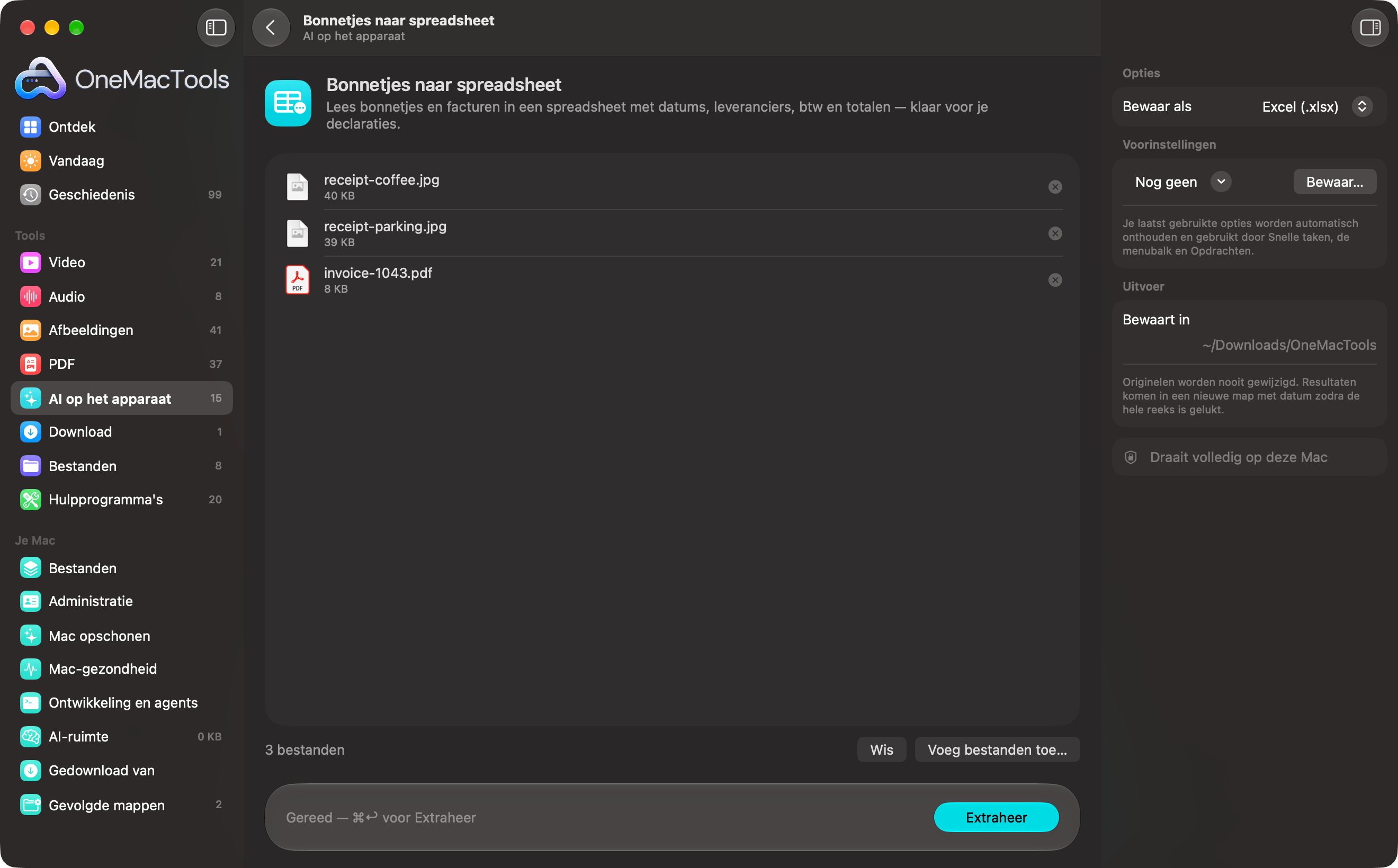 OneMacTools Bonnetjes naar spreadsheet met foto's van bonnetjes en een factuur