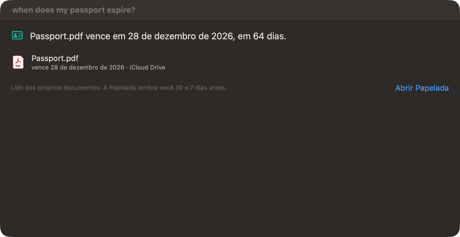 Perguntar do OneMacTools respondendo quando meu passaporte vence: Passport.pdf vence em 26 de dezembro de 2026, daqui a 64 dias