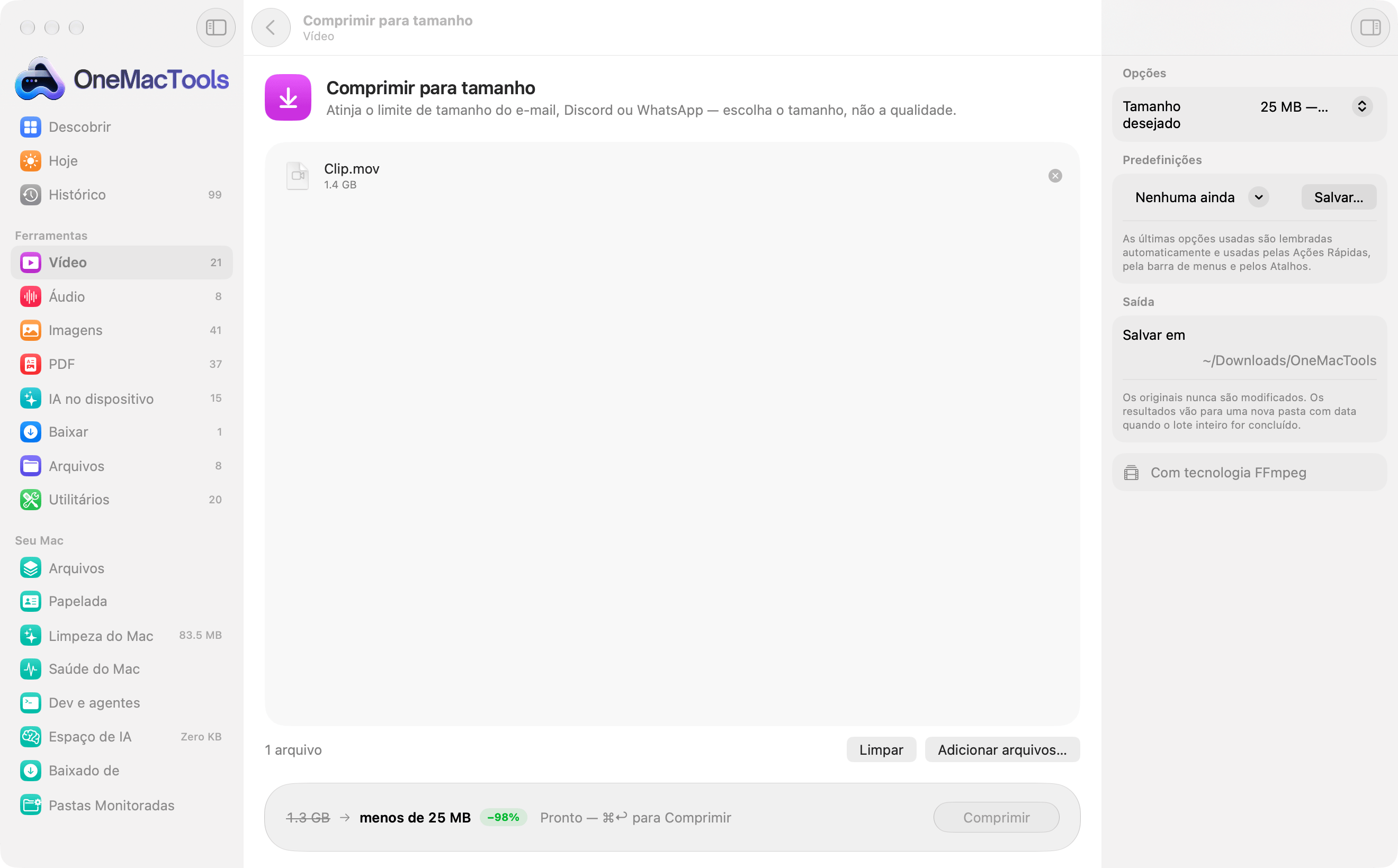 Comprimir para tamanho com um vídeo de 1,4 GB carregado, mostrando que ele vai ficar abaixo de 25 MB, 98% menor, antes de começar