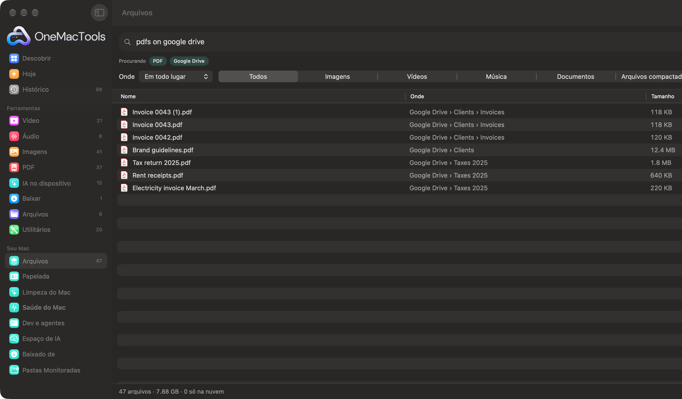 Arquivos do OneMacTools buscando “pdfs no google drive”, interpretado como os filtros PDF e Google Drive
