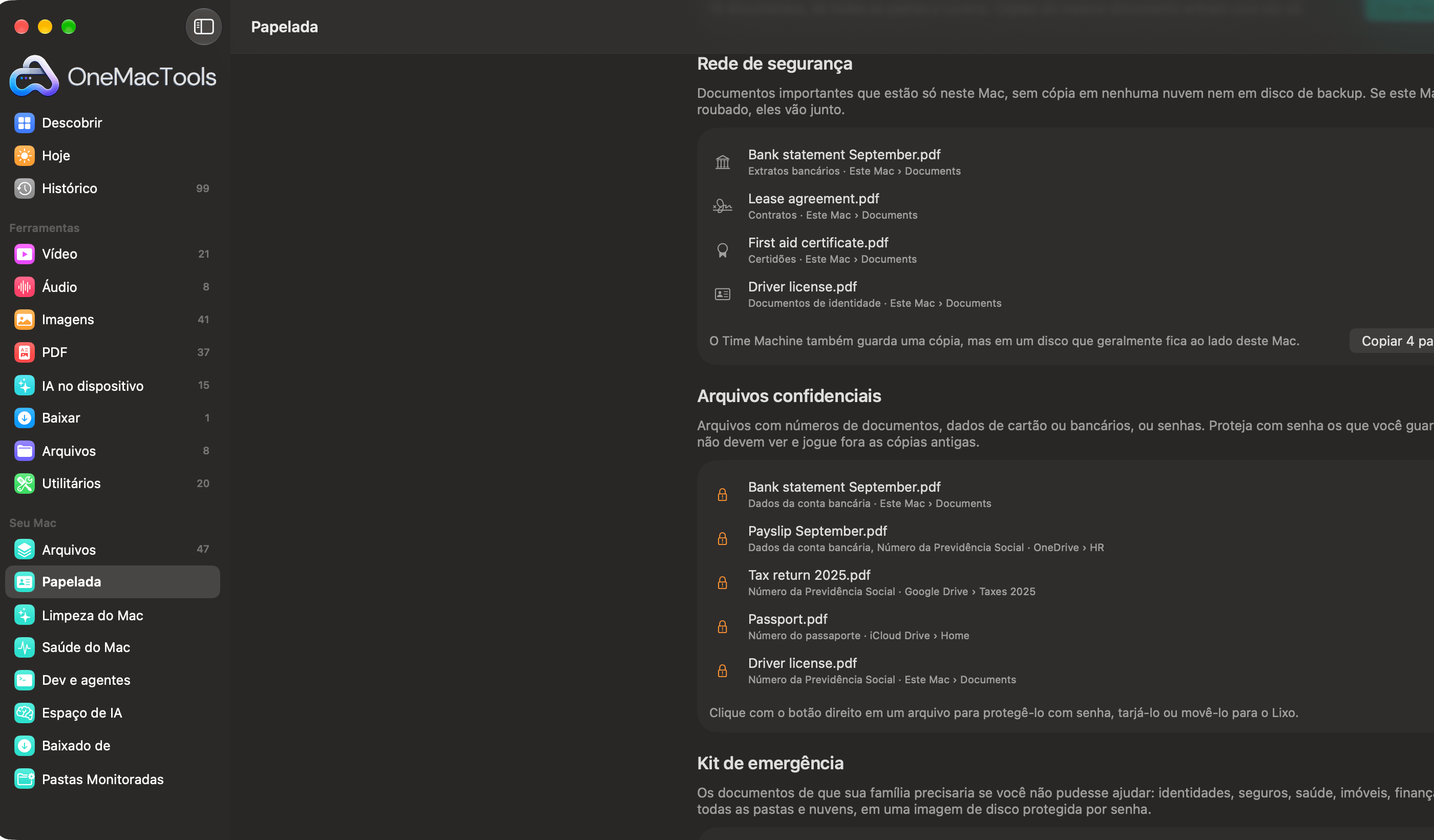 Rede de segurança da Papelada do OneMacTools listando papéis guardados só neste Mac e arquivos sensíveis com números de documentos ou de contas