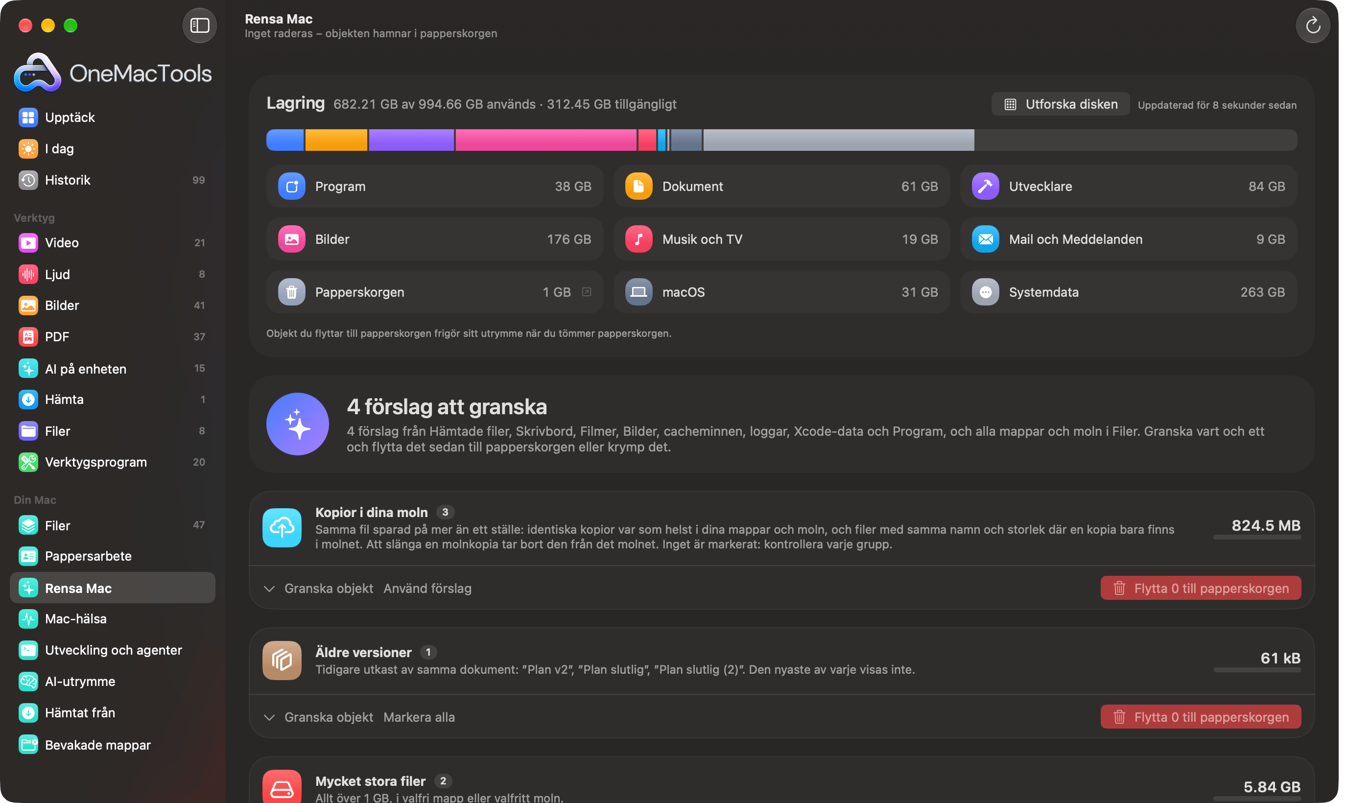 OneMacTools Rensa Mac med kopior i flera moln, äldre versioner och mycket stora filer