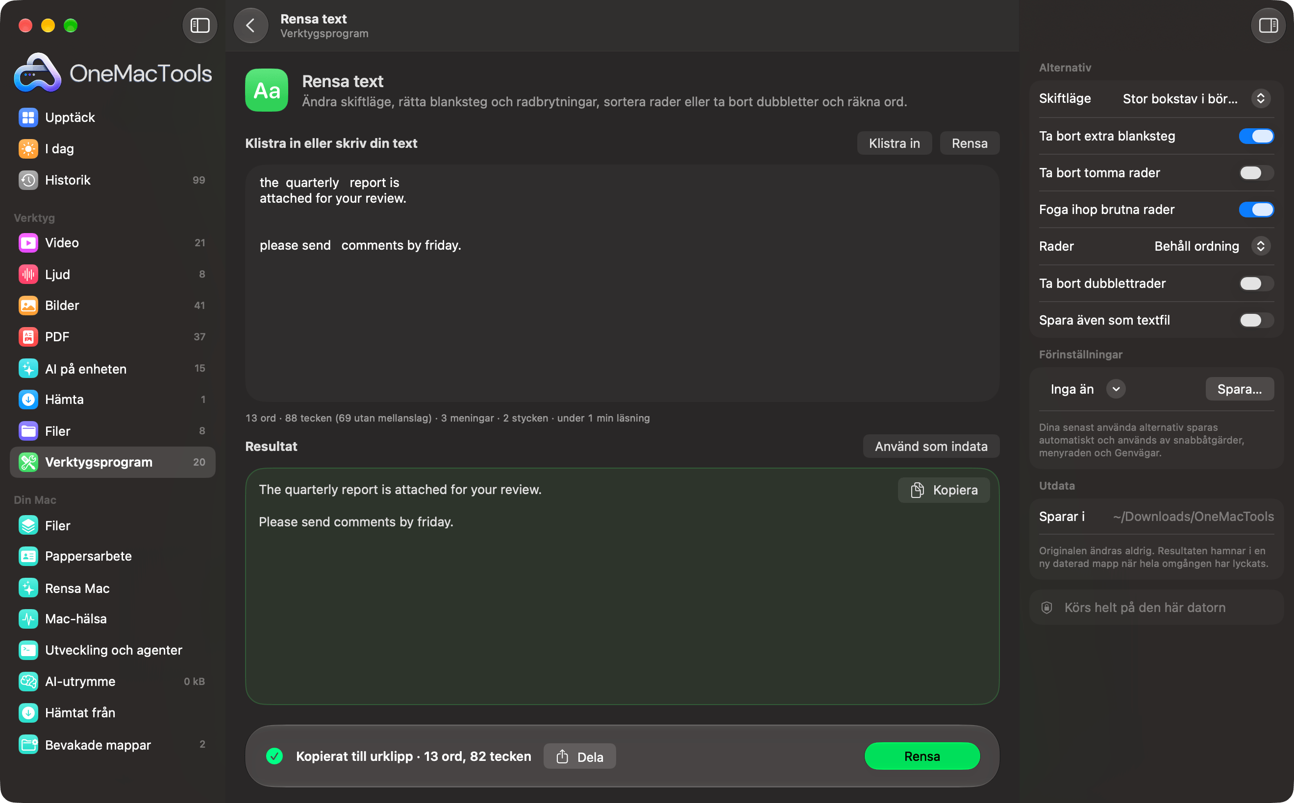 OneMacTools Rensa text gör stökig inklistrad text till prydliga meningar, med ordräkning i realtid