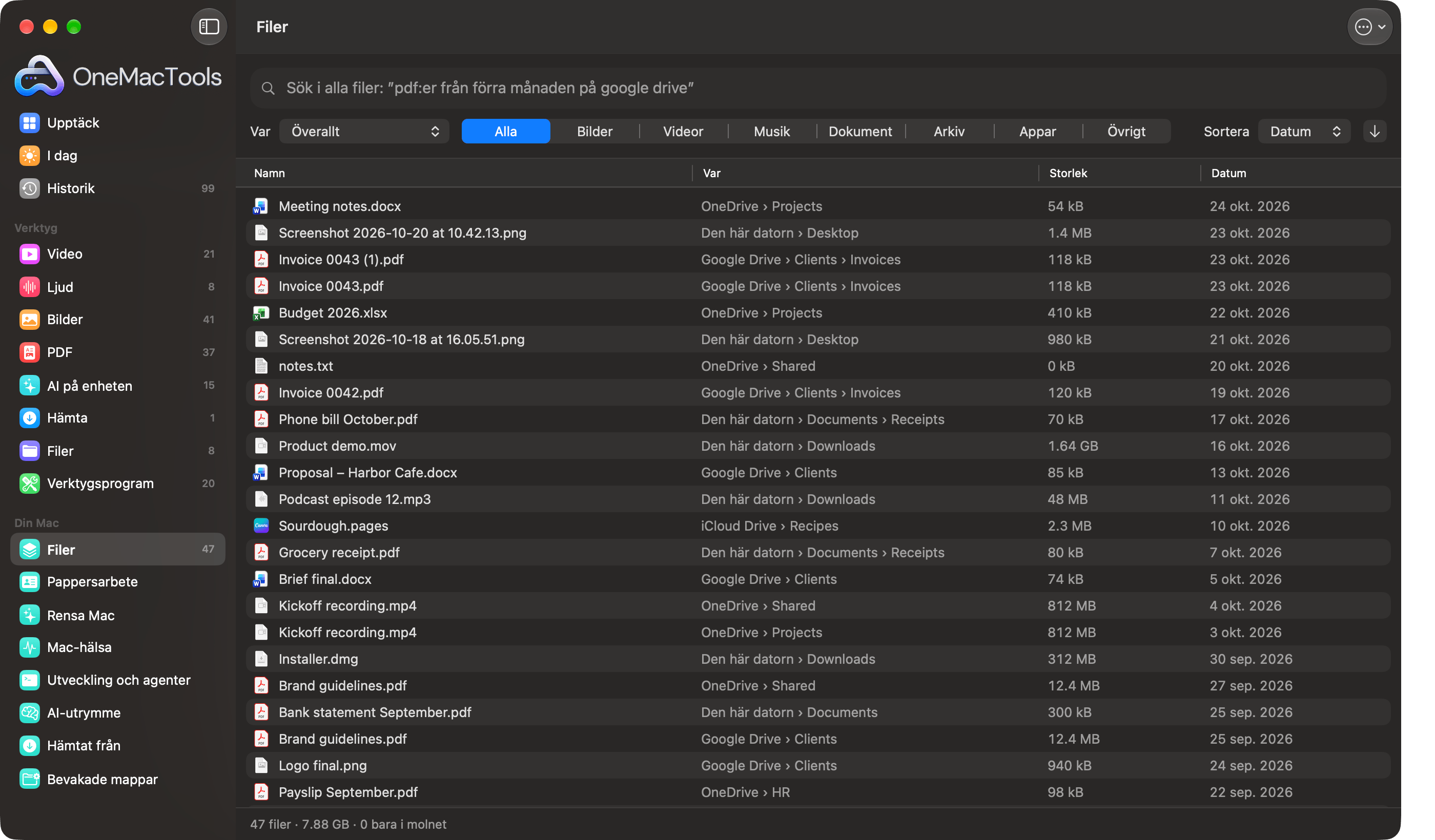 OneMacTools Filer listar alla filer från Google Drive, OneDrive, iCloud Drive och din Mac i en lista, med var varje fil finns