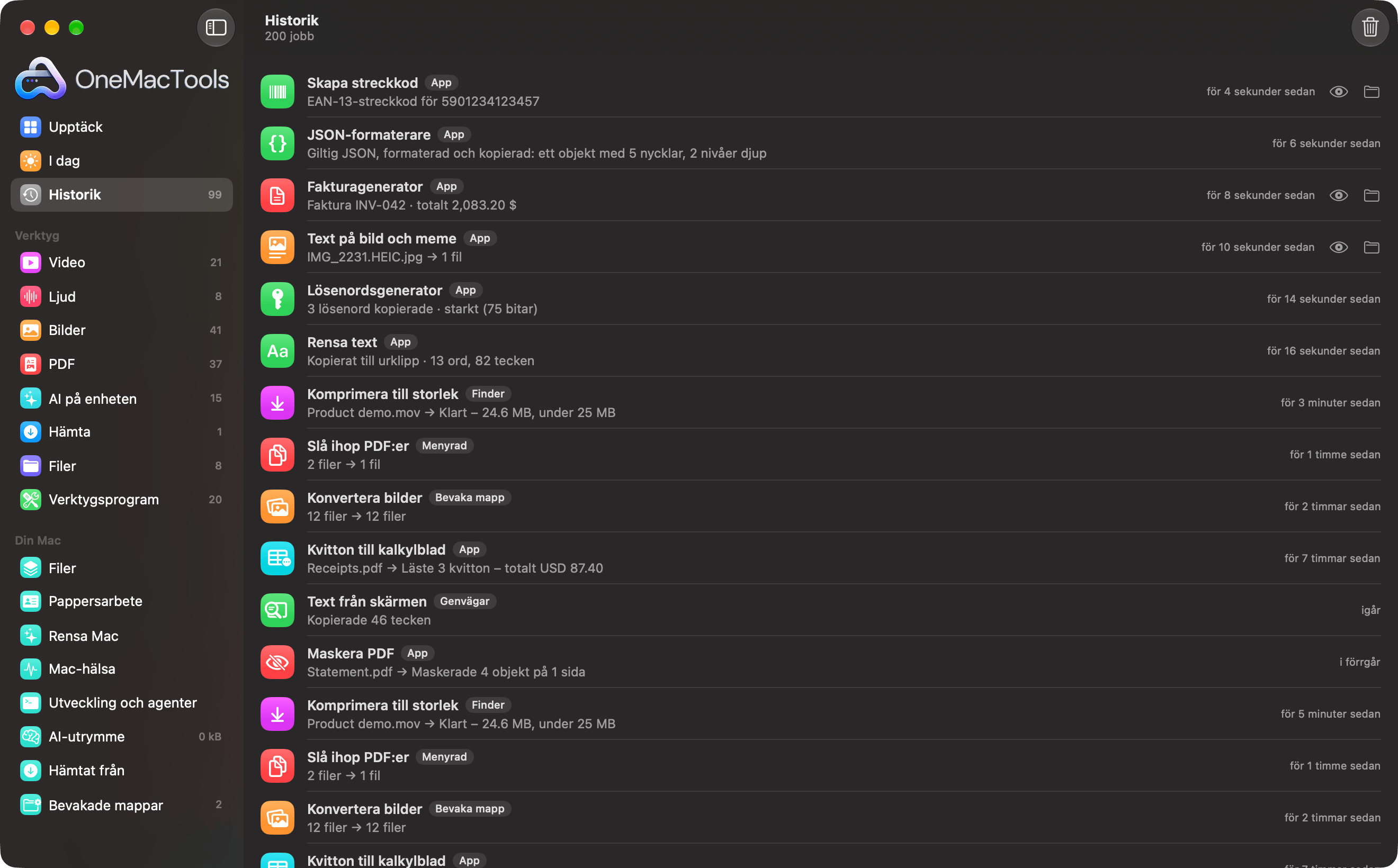 OneMacTools Historik listar jobb från Finder, menyraden, Bevakade mappar och Genvägar