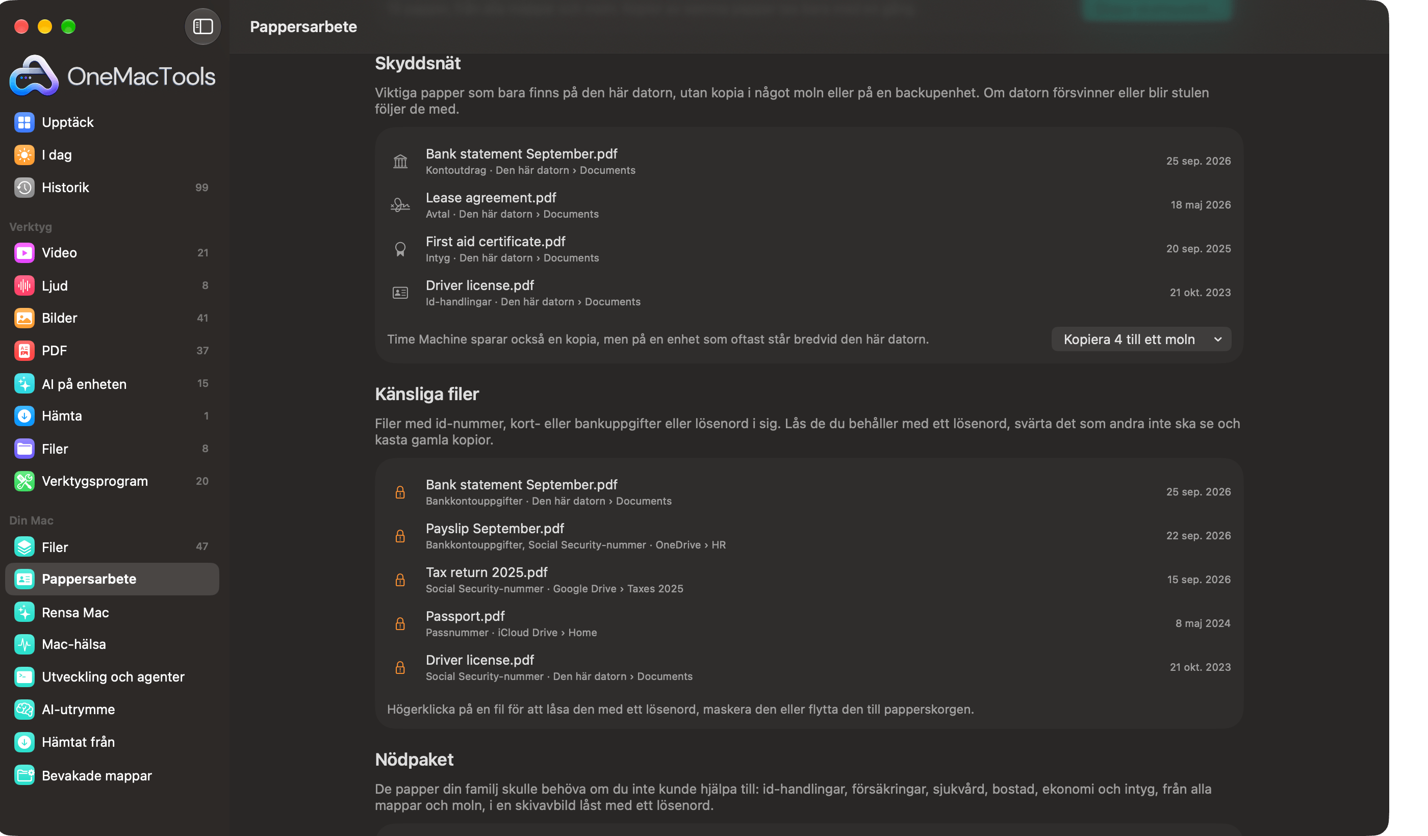 Skyddsnätet i OneMacTools Pappersarbete listar papper som bara finns på den här datorn och känsliga filer med ID- eller kontonummer