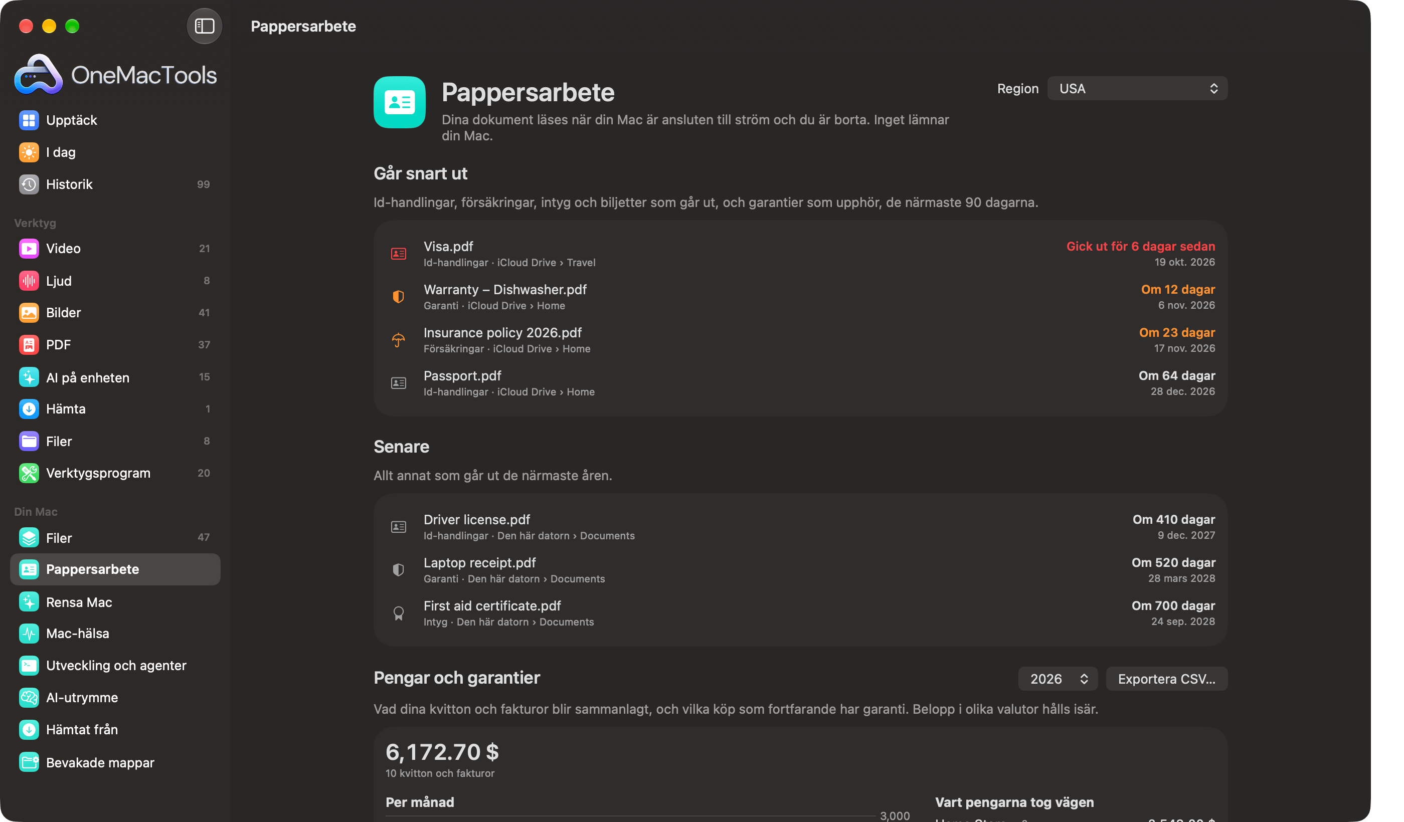 OneMacTools Pappersarbete listar ett visum som har gått ut, en garanti för en diskmaskin, en försäkring och ett pass som snart går ut