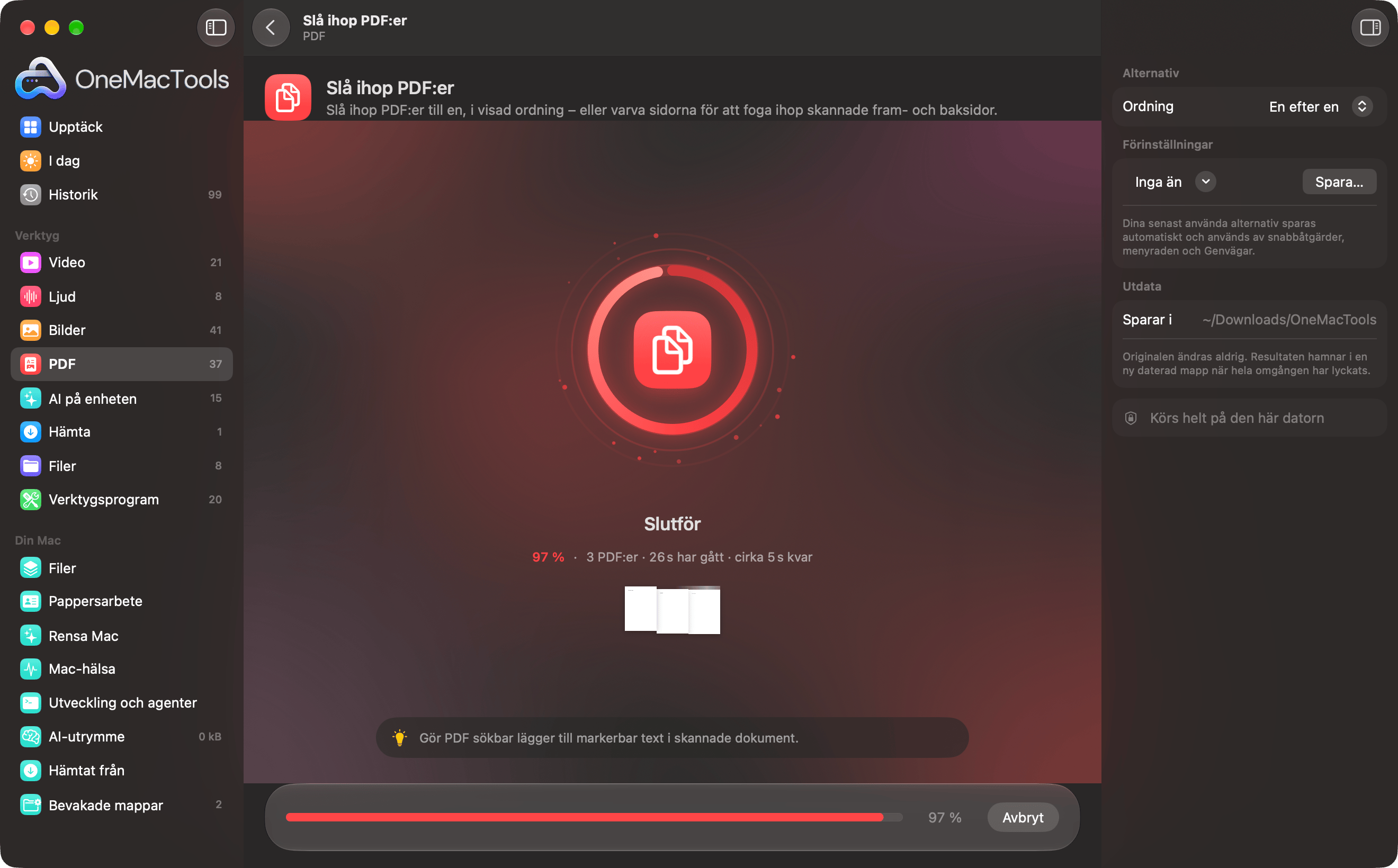 OneMacTools slår ihop tre PDF:er, nästan klar