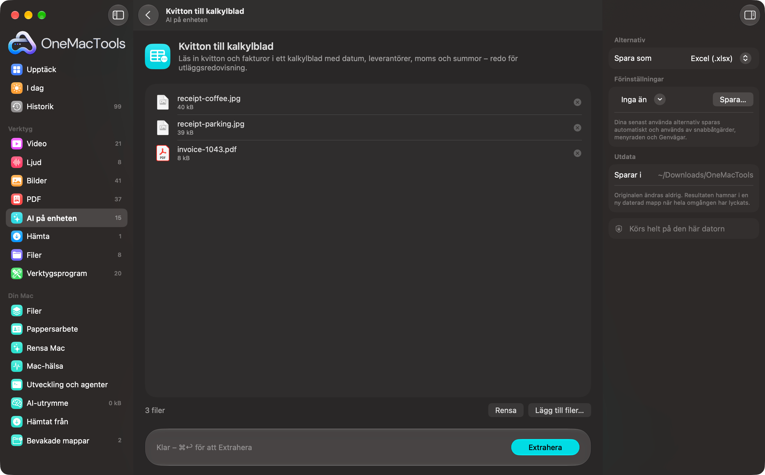 OneMacTools Kvitton till kalkylblad med bilder av kvitton och en faktura
