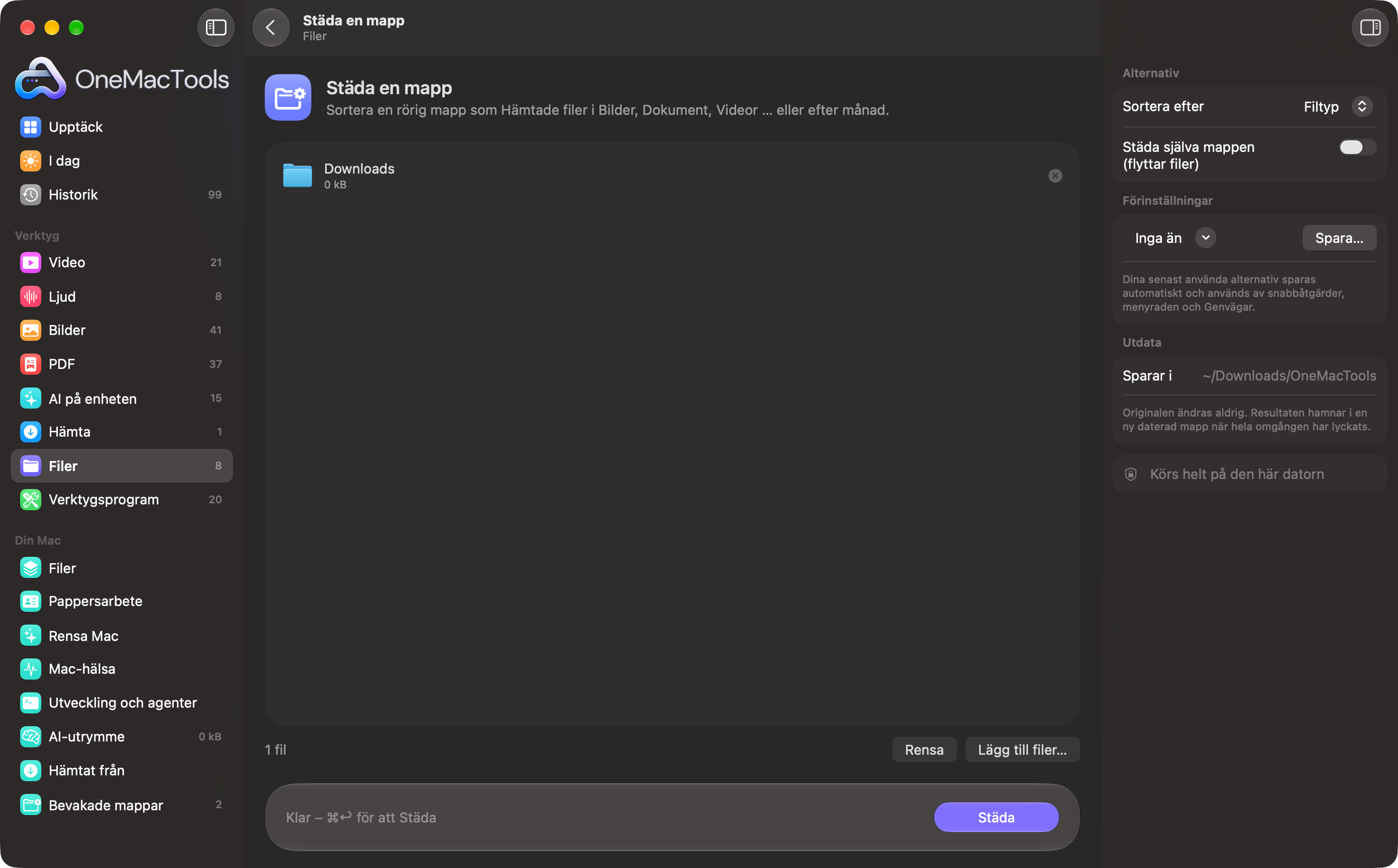 OneMacTools Städa en mapp med en mapp för hämtade filer