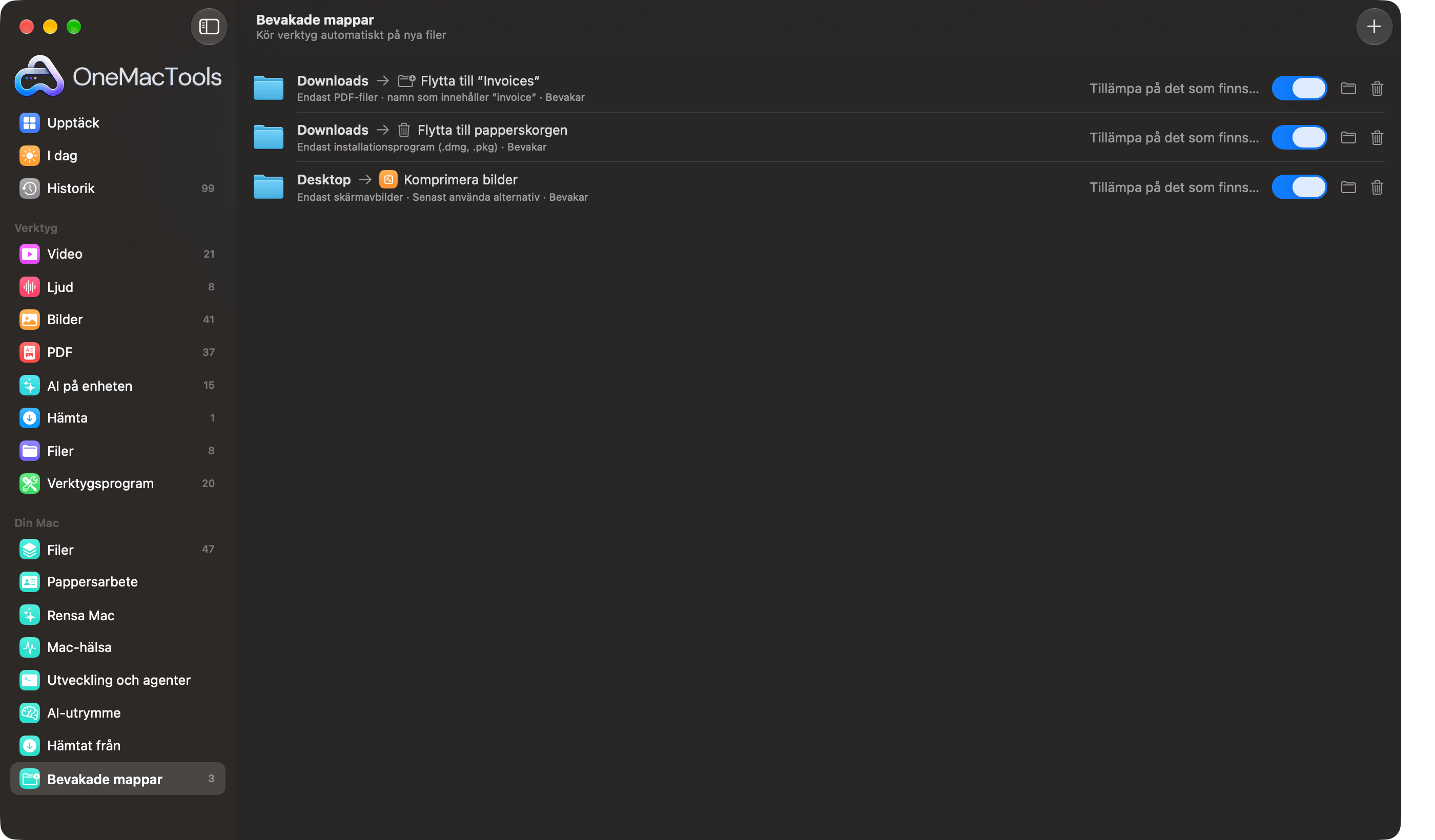 OneMacTools Bevakade mappar med tre regler: flytta fakturor till en mapp, släng gamla installerare, komprimera skärmavbilder
