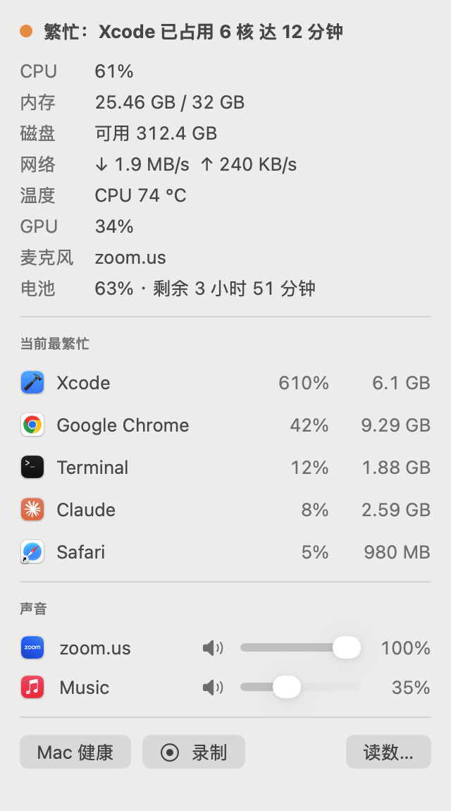 “Mac 健康”菜单栏下拉菜单，显示 CPU、内存、磁盘、网络、温度、GPU、麦克风和电池，最忙的五个 App、“录制”，以及每个正在播放声音的 App 的音量滑块