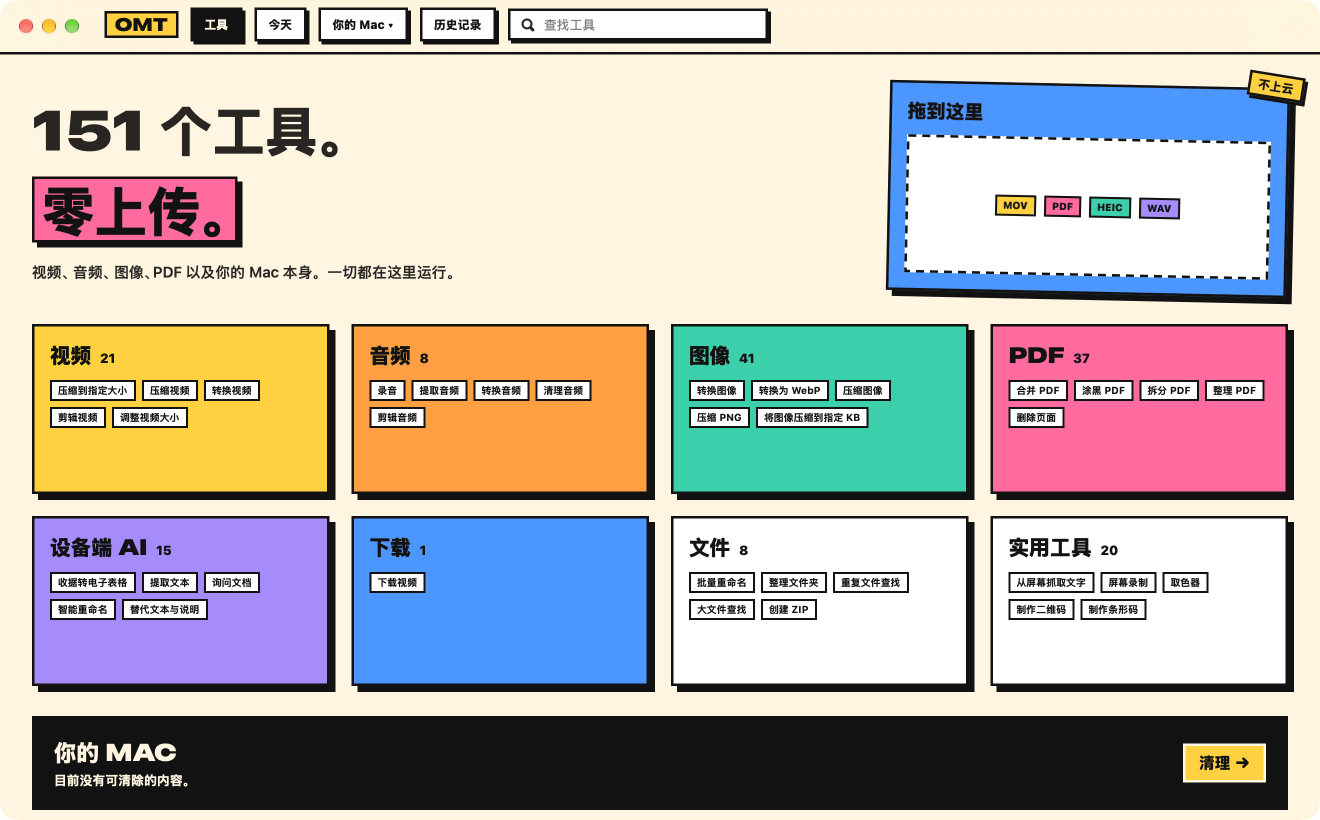 新粗野外观的 OneMacTools：“151 个工具，零上传。”显示在各分类的色块之上