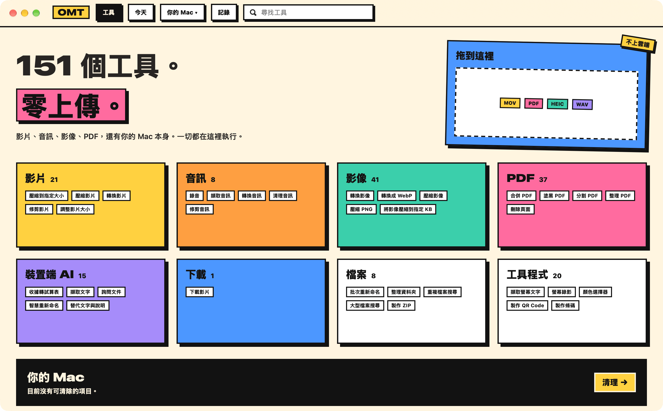 新粗獷風格的 OneMacTools：各類別色塊上方寫著「151 個工具。零上傳。」