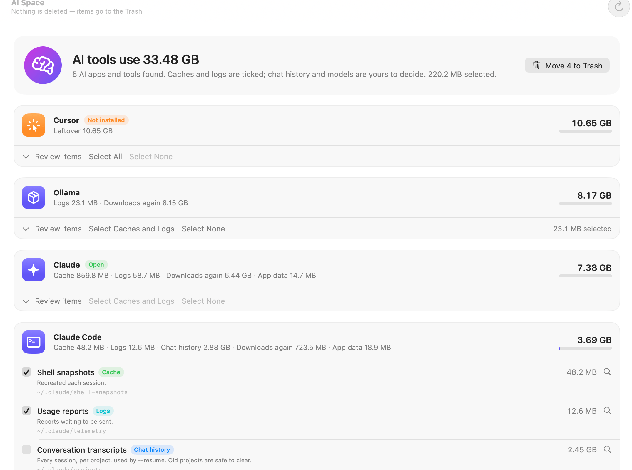 OneMacTools AI Space listing Cursor (not installed), Ollama, Claude and Claude Code with their caches, logs, chat history and models, caches and logs ticked