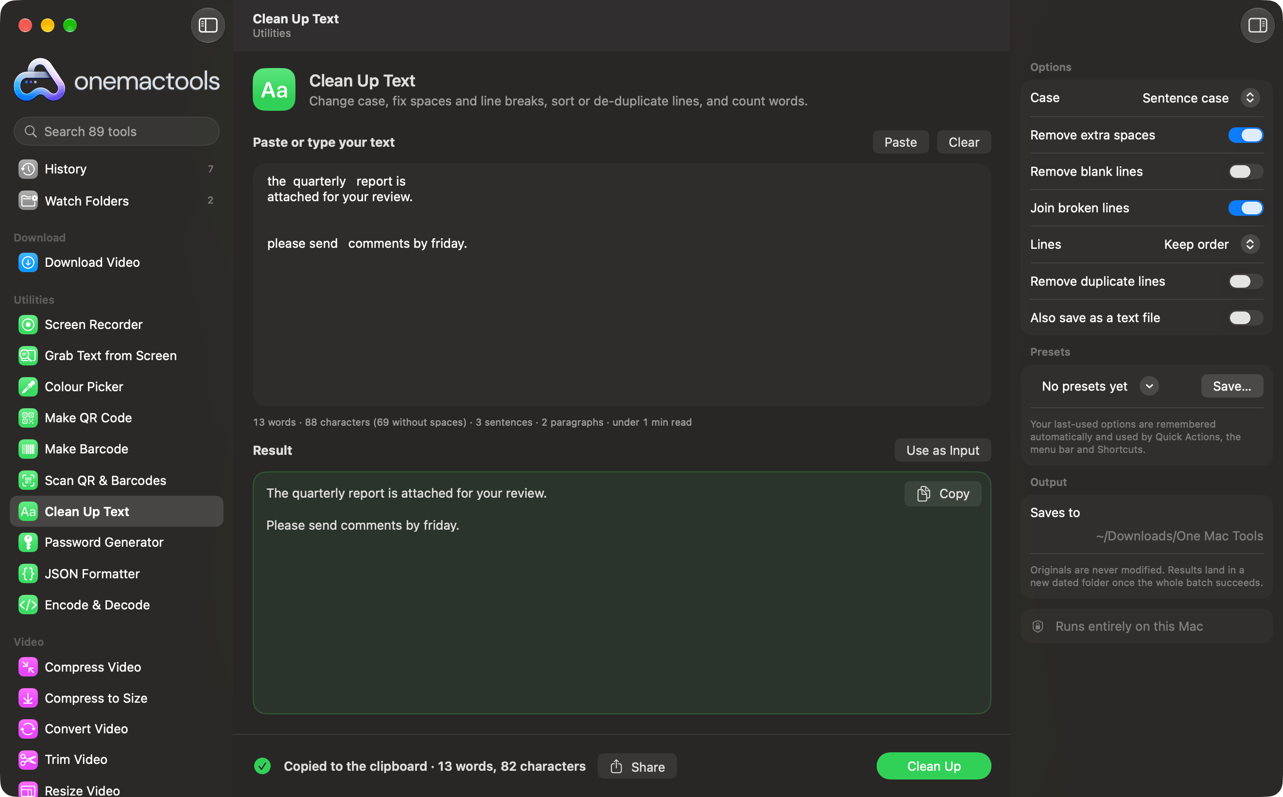 OneMacTools Clean Up Text turning messy pasted text into tidy sentences, with a live word count